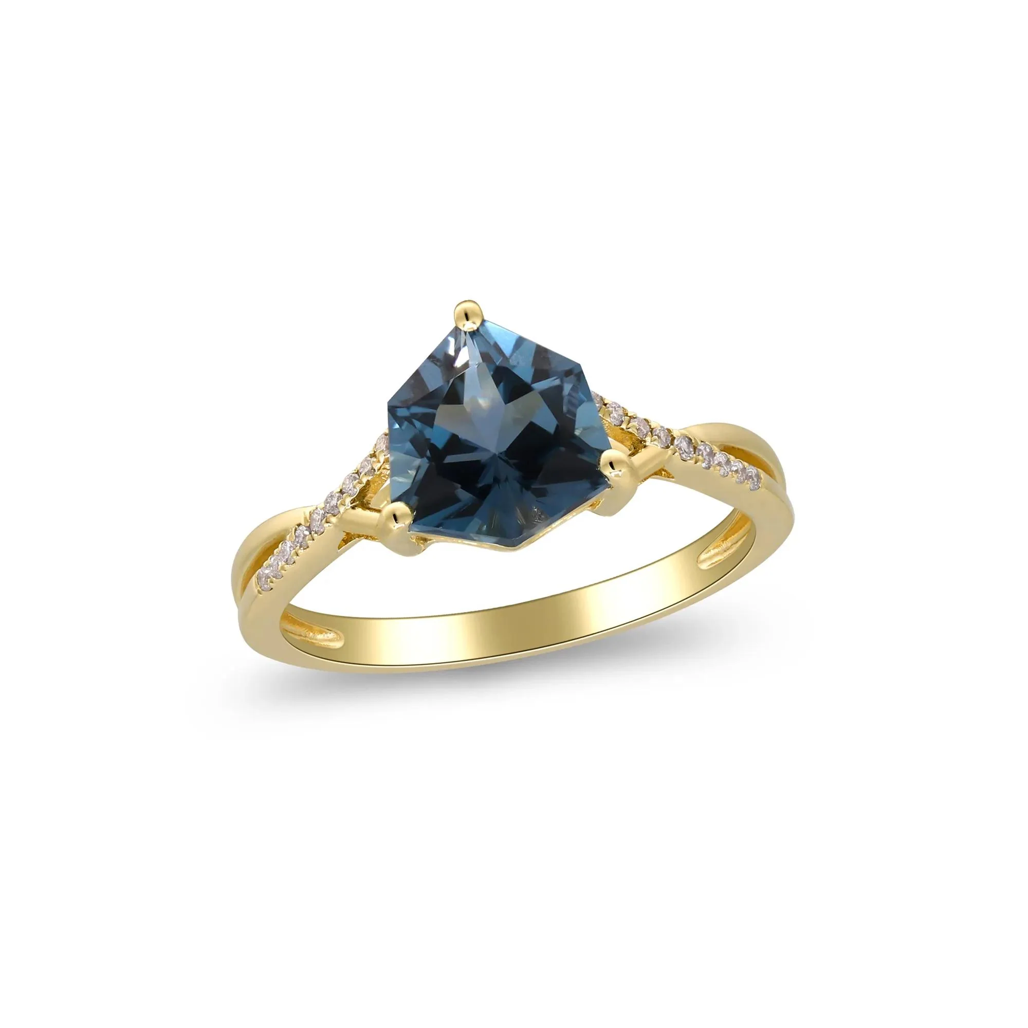 London Blue Topaz & Diamond Accent Ring 10K Yellow Gold Round Brilliant Cut Size 8 2mm - Image 4