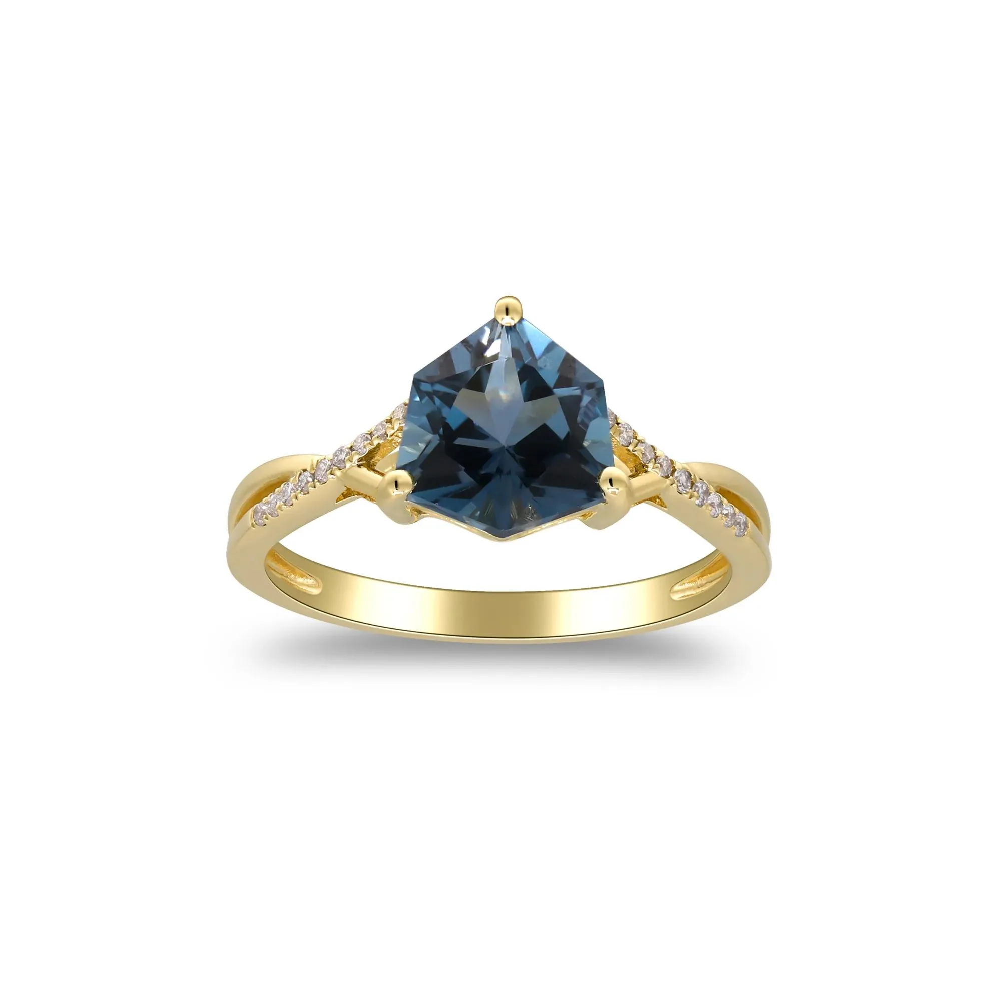 London Blue Topaz & Diamond Accent Ring 10K Yellow Gold Round Brilliant Cut Size 8 2mm - Image 5