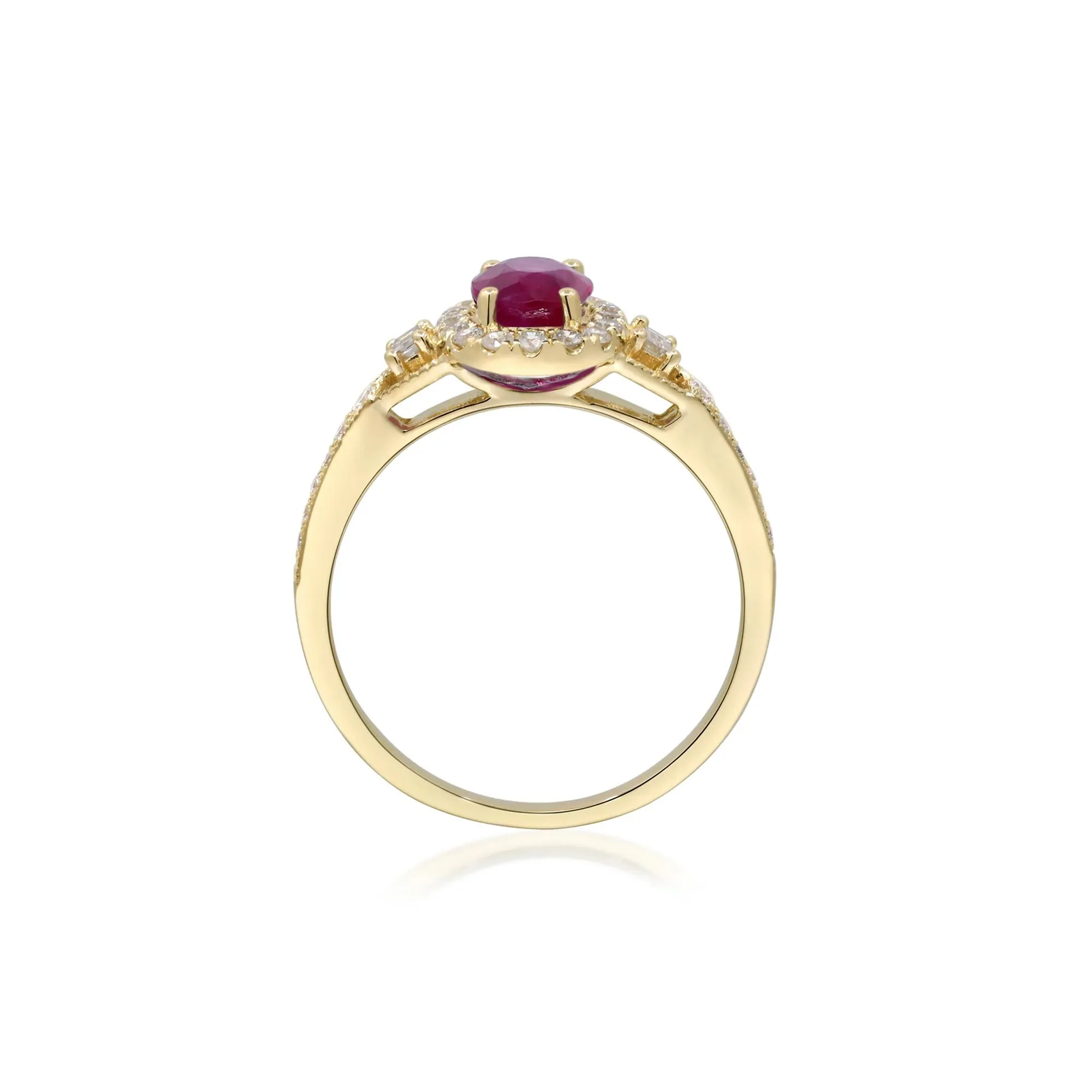 1/3 CT. Tw. Ruby & Diamond Halo Ring 10K Yellow Gold Round Brilliant Cut Size 6 2mm - Image 2