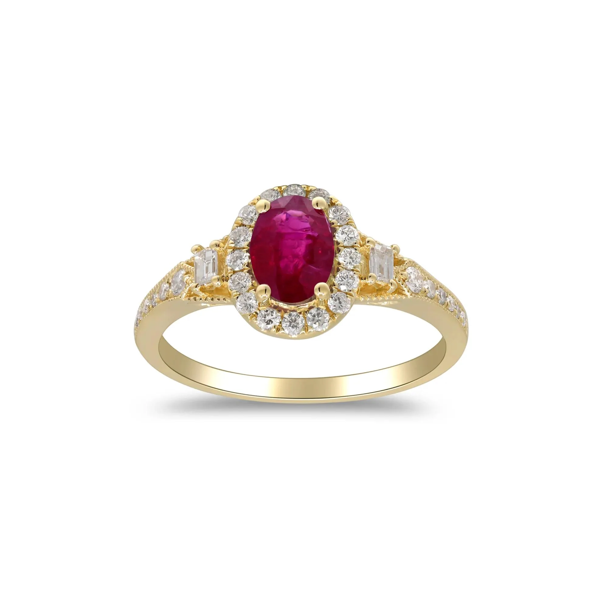 1/3 CT. Tw. Ruby & Diamond Halo Ring 10K Yellow Gold Round Brilliant Cut Size 7.5 2mm - Image 4