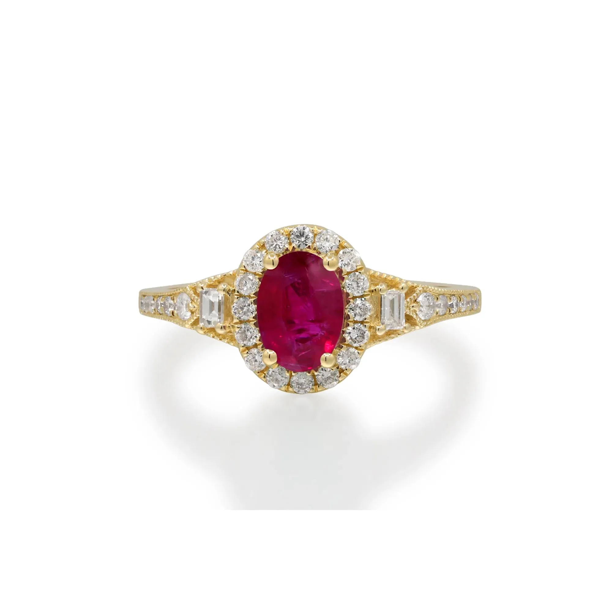 1/3 CT. Tw. Ruby & Diamond Halo Ring 10K Yellow Gold Round Brilliant Cut Size 9 2mm