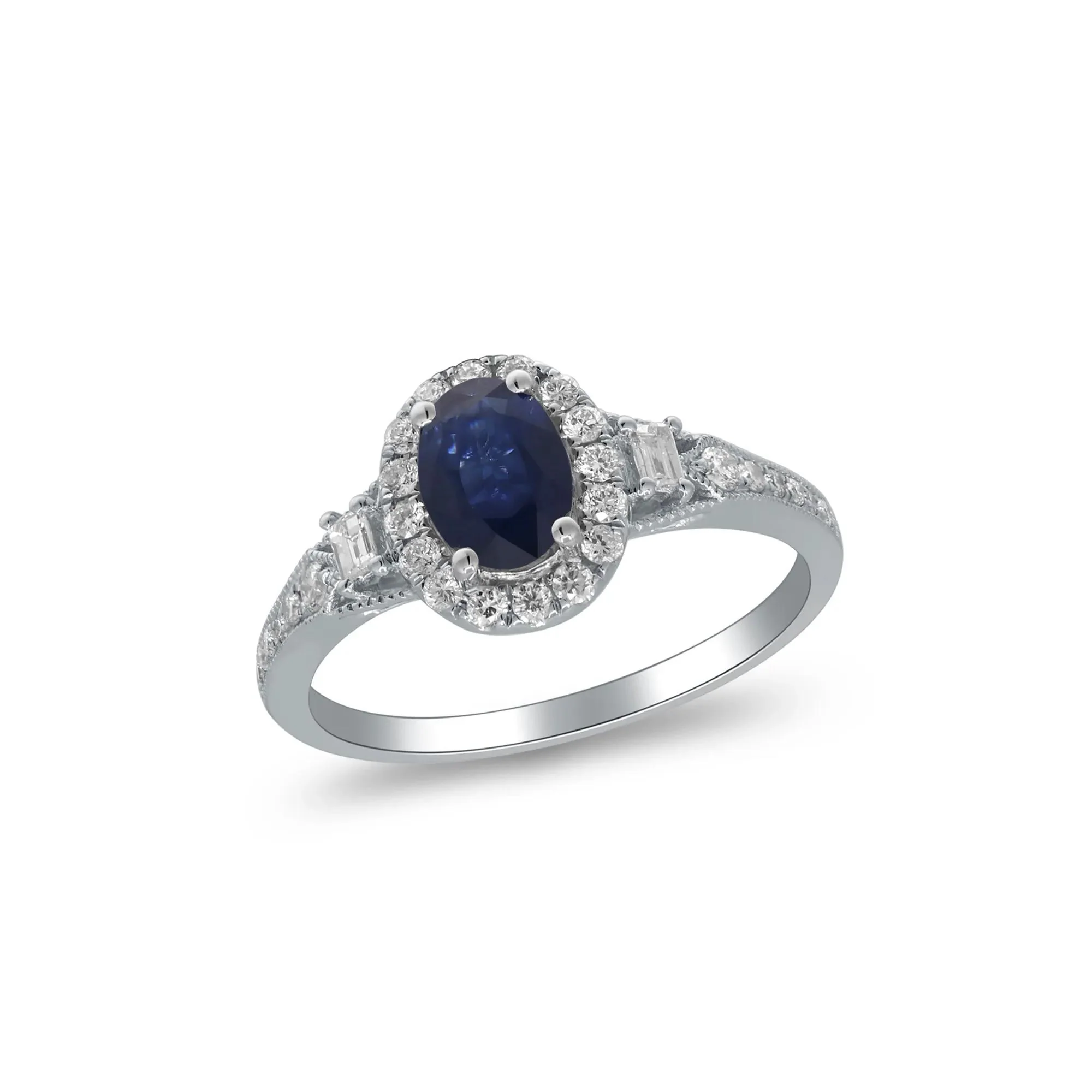 1/3 CT. Tw. Blue Sapphire & Diamond Halo Ring 10K White Gold Round Brilliant Cut Size 8.5 2mm - Image 5