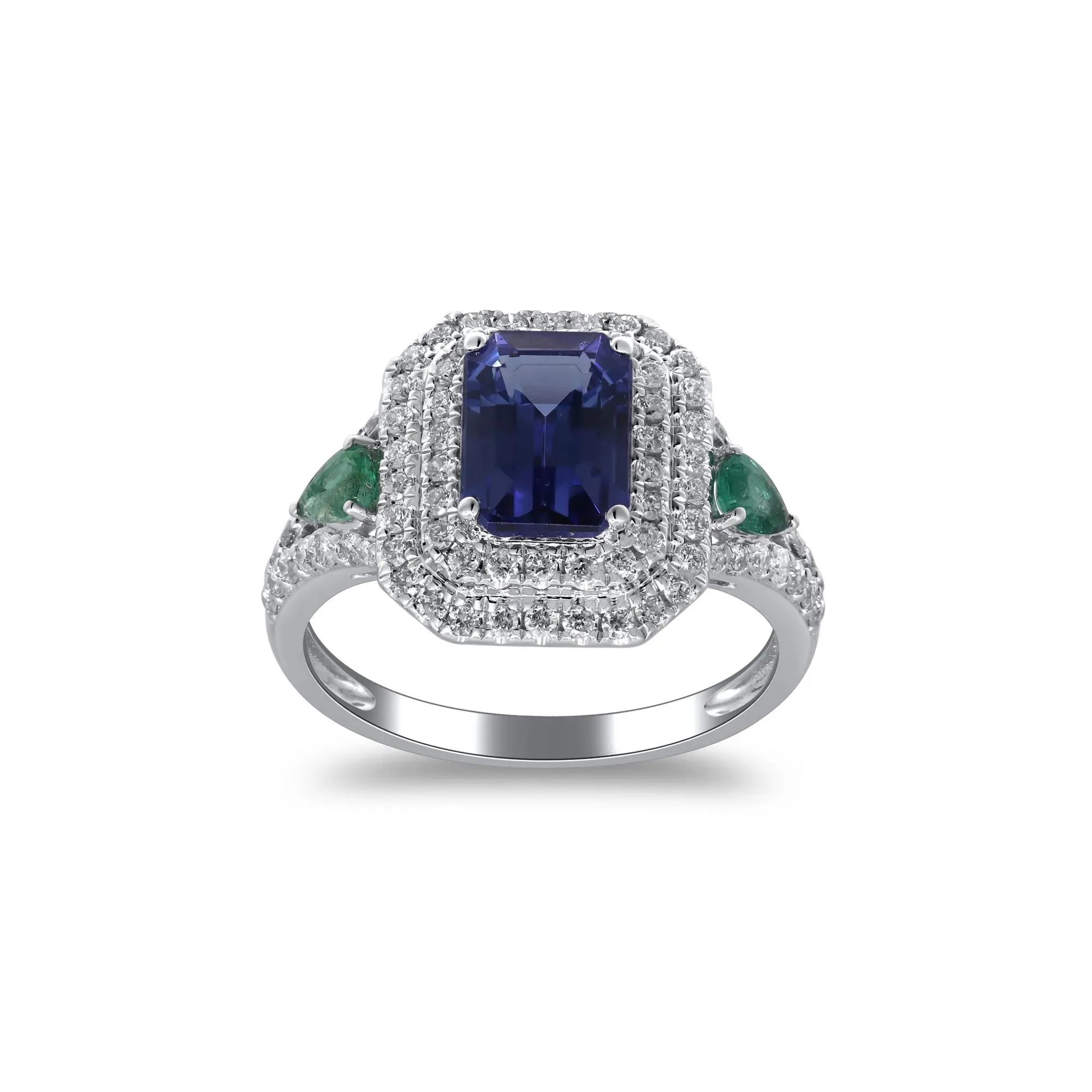 1/2 CT. Tw. Tanzanite & Emerald Double Halo Ring 14K White Gold Round Brilliant Cut Size 7 2mm - Image 4