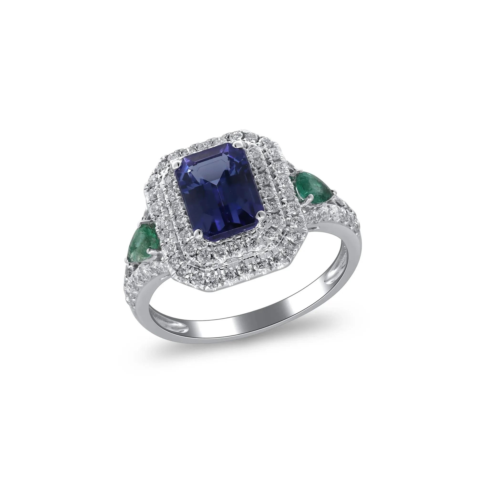 1/2 CT. Tw. Tanzanite & Emerald Double Halo Ring 14K White Gold Round Brilliant Cut Size 7.5 2mm - Image 5