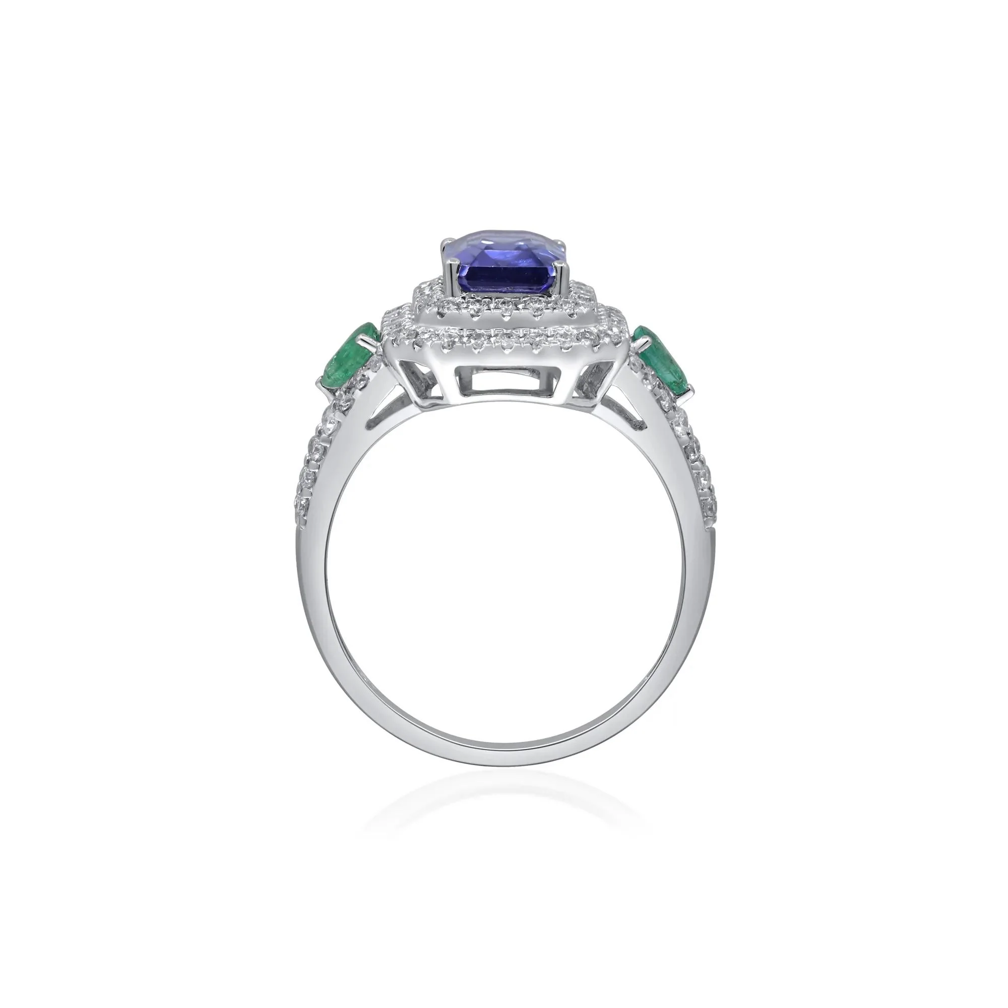 1/2 CT. Tw. Tanzanite & Emerald Double Halo Ring 14K White Gold Round Brilliant Cut Size 8 2mm - Image 2