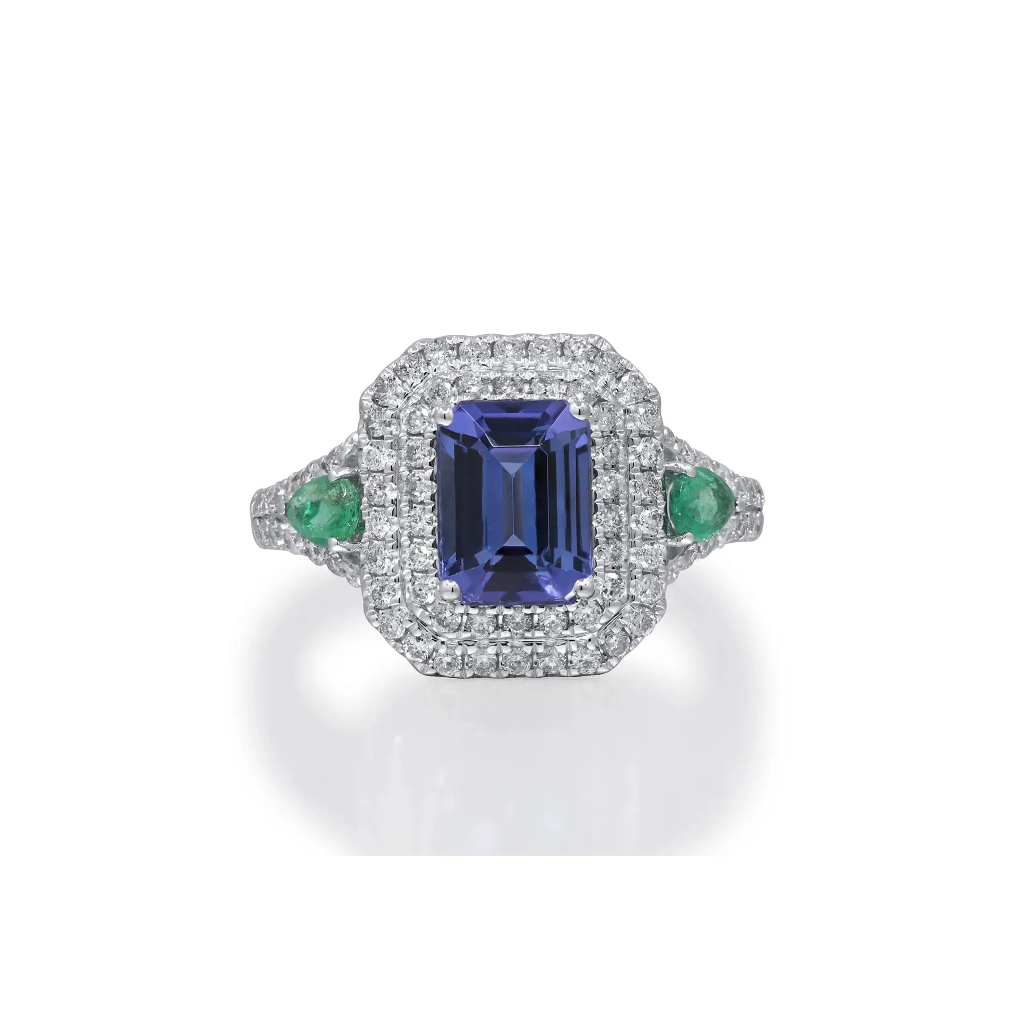 1/2 CT. Tw. Tanzanite & Emerald Double Halo Ring 14K White Gold Round Brilliant Cut Size 8.5 2mm