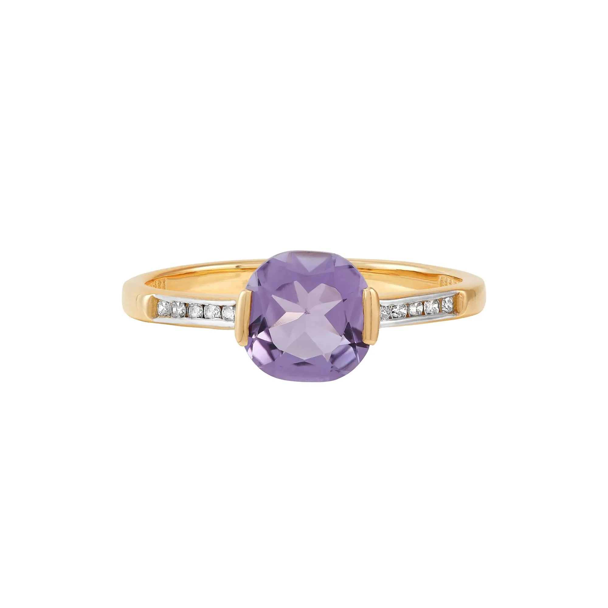 1/10 CT. Tw. Cushion-Cut Amethyst and Diamond Ring 10K Yellow Gold Round Brilliant Cut Size 6.5 1mm
