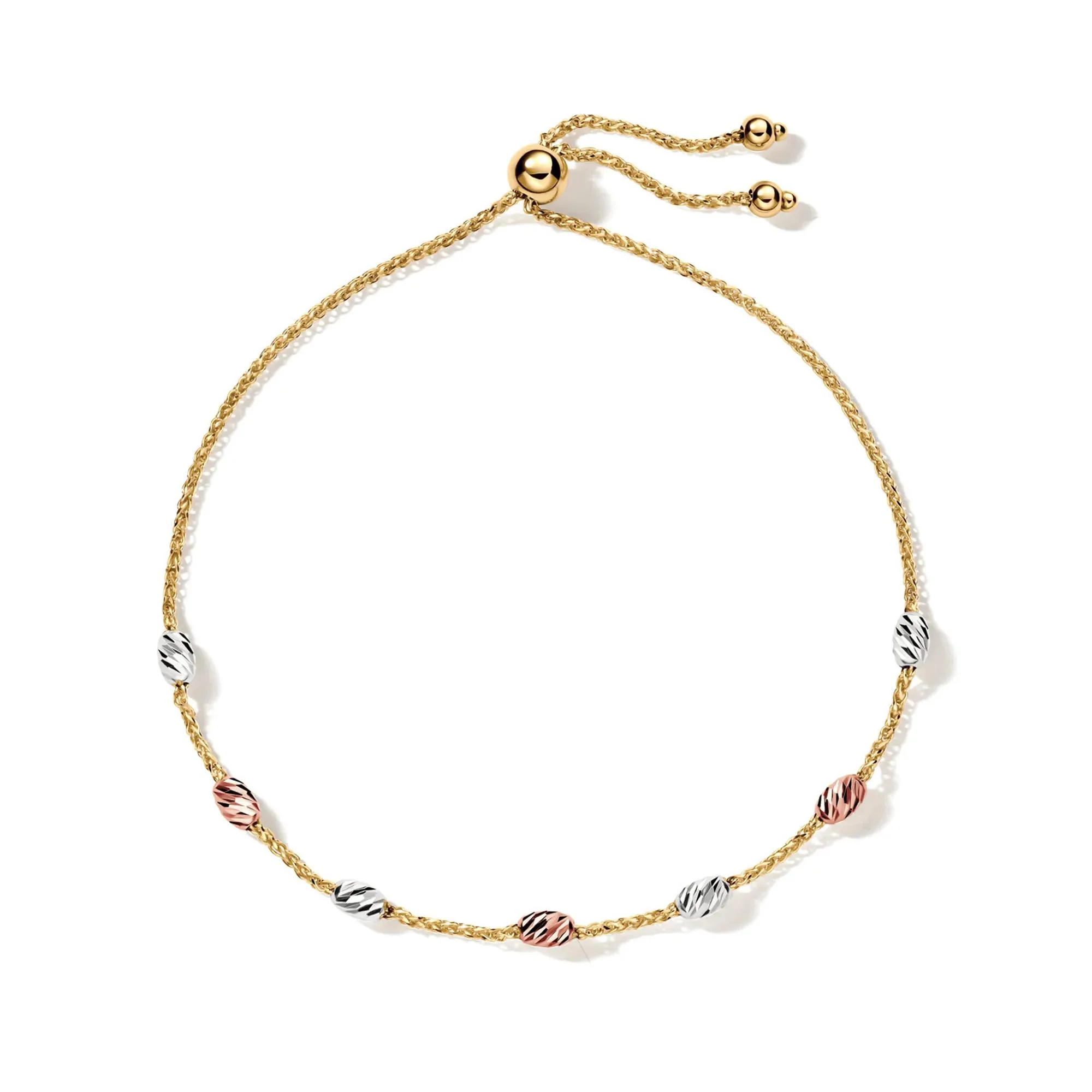 Tricolor Station Bolo Bracelet 14K Gold Yellow Size 9"