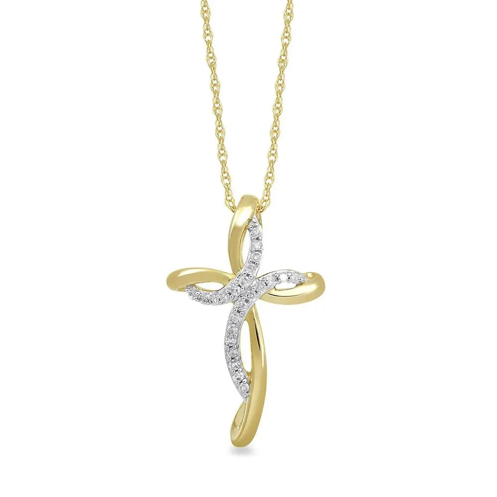1/10 CT. Tw. Diamond Cross Pendant Necklace 10K Yellow Gold Size 18"