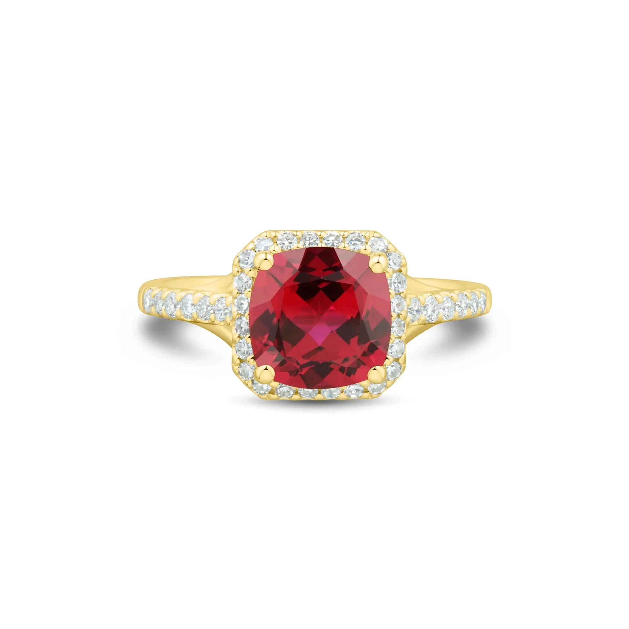 1/3 CT. Tw. Lab-Created Cushion-Cut Ruby and Lab Grown Diamond Ring 10K Yellow Gold Size 7.5 1mm