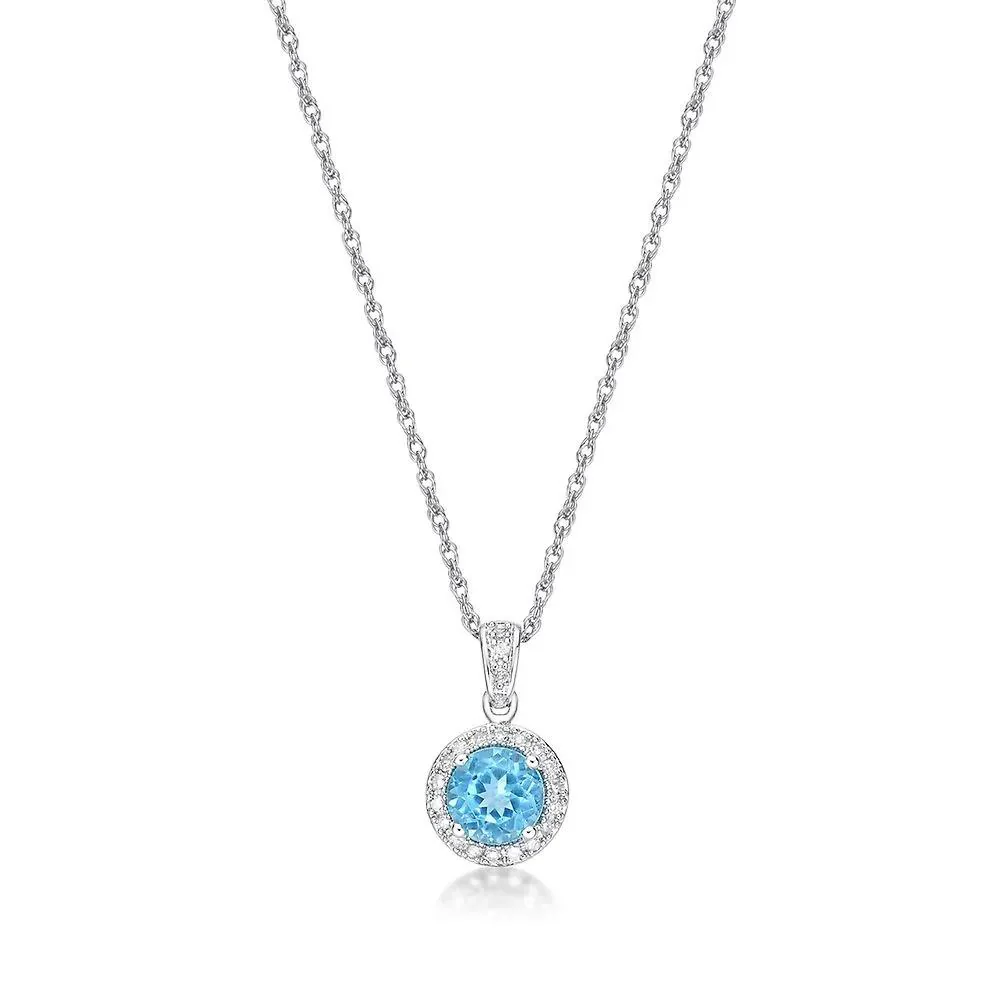 1/10 CT. Tw. Swiss Blue Topaz & Diamond Pendant Necklace .925 Sterling Silver White Size 18"
