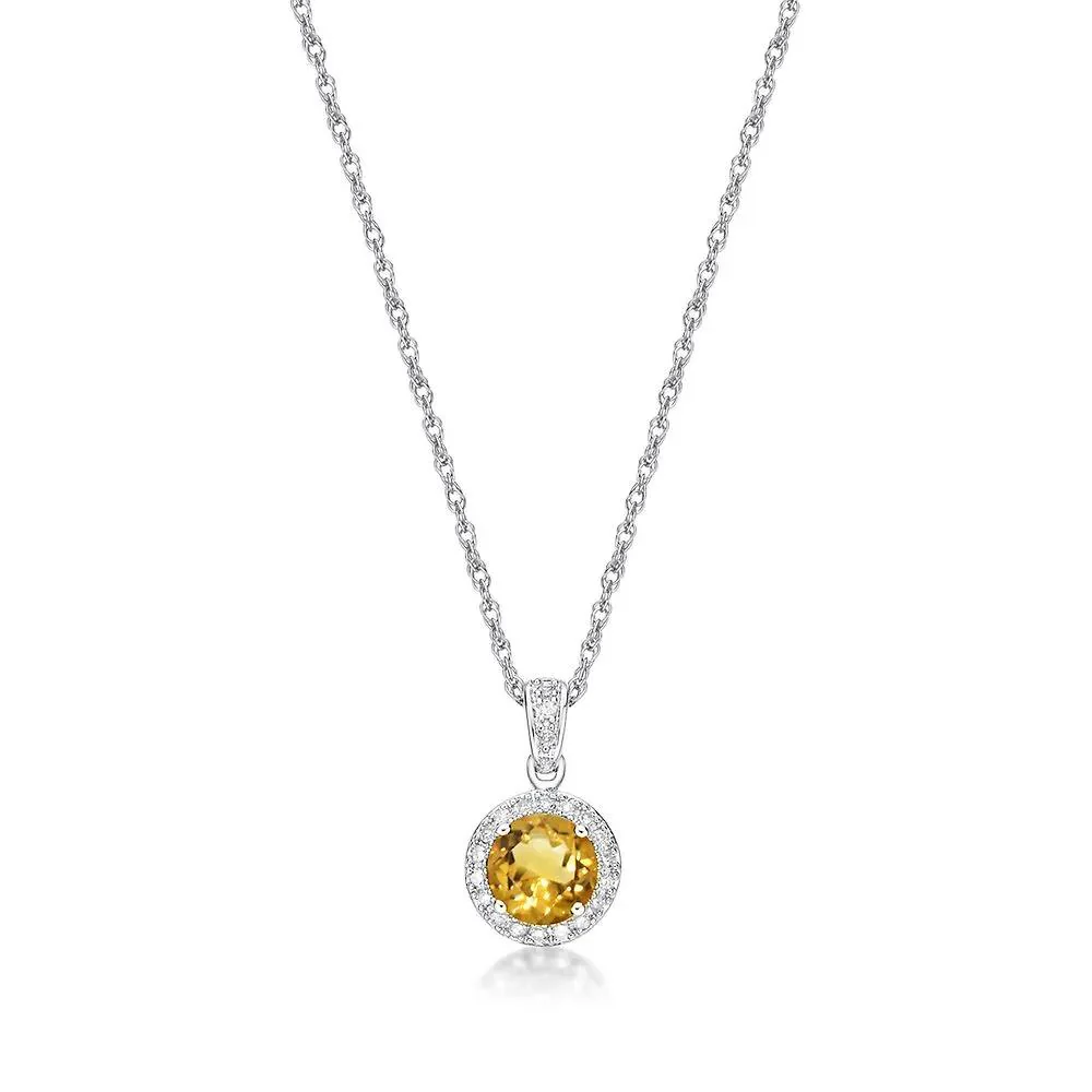 1/10 CT. Tw. Citrine & Diamond Pendant Necklace .925 Sterling Silver White Size 18"