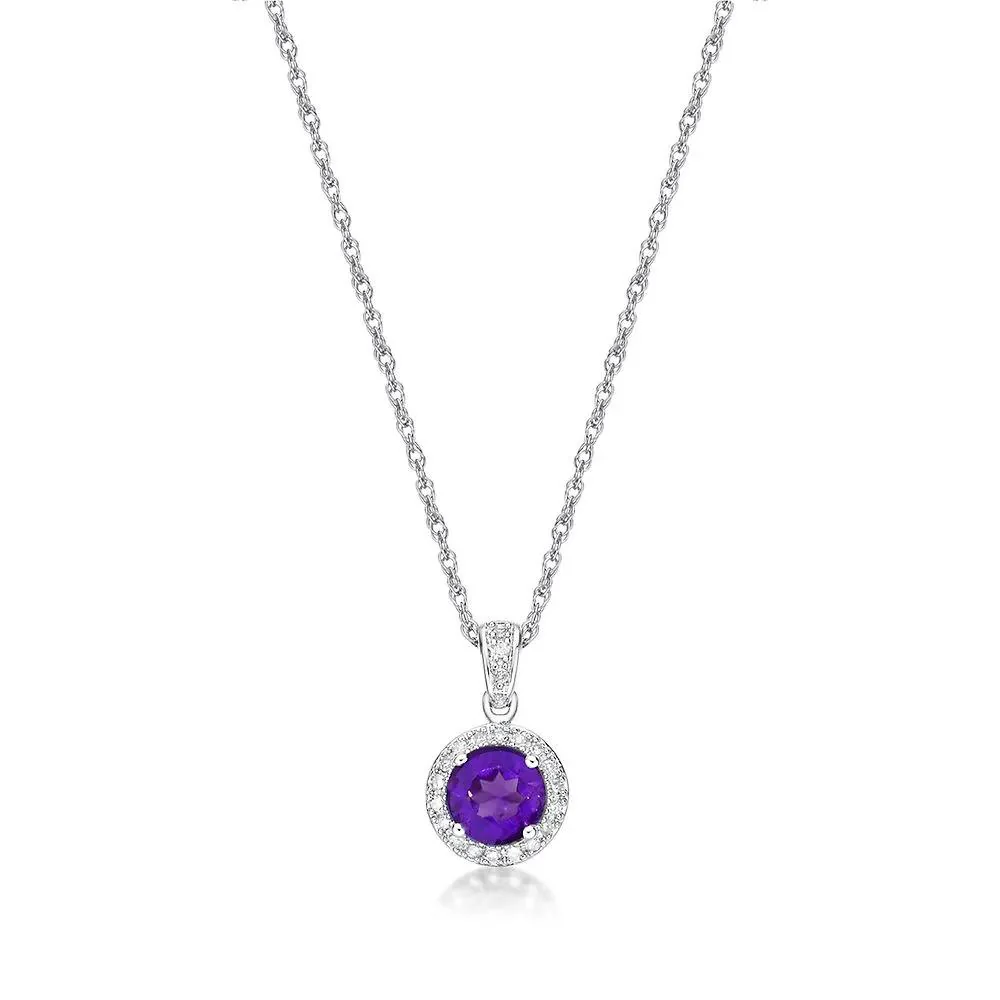 1/10 CT. Tw. Amethyst & Diamond Pendant Necklace .925 Sterling Silver White Size 18"