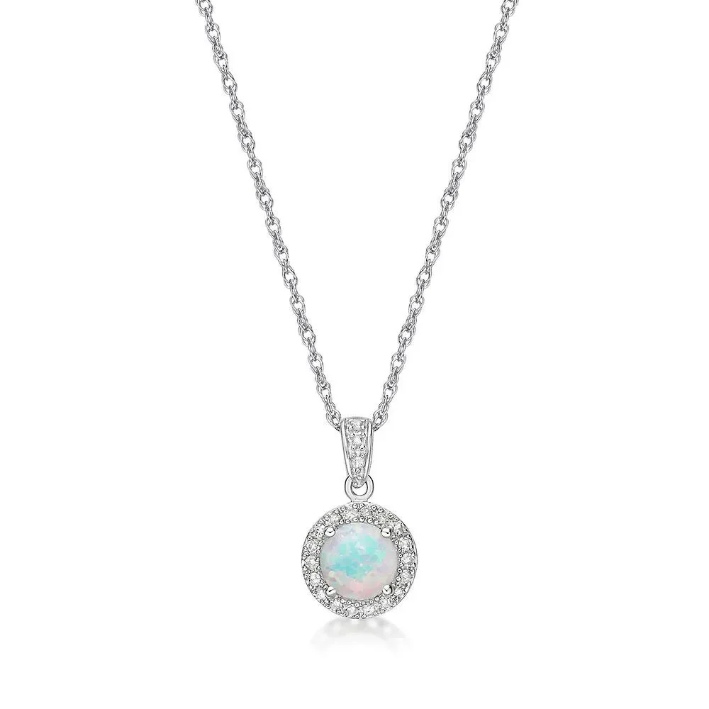 1/10 CT. Tw. Opal & Diamond Pendant Necklace .925 Sterling Silver White Size 18"