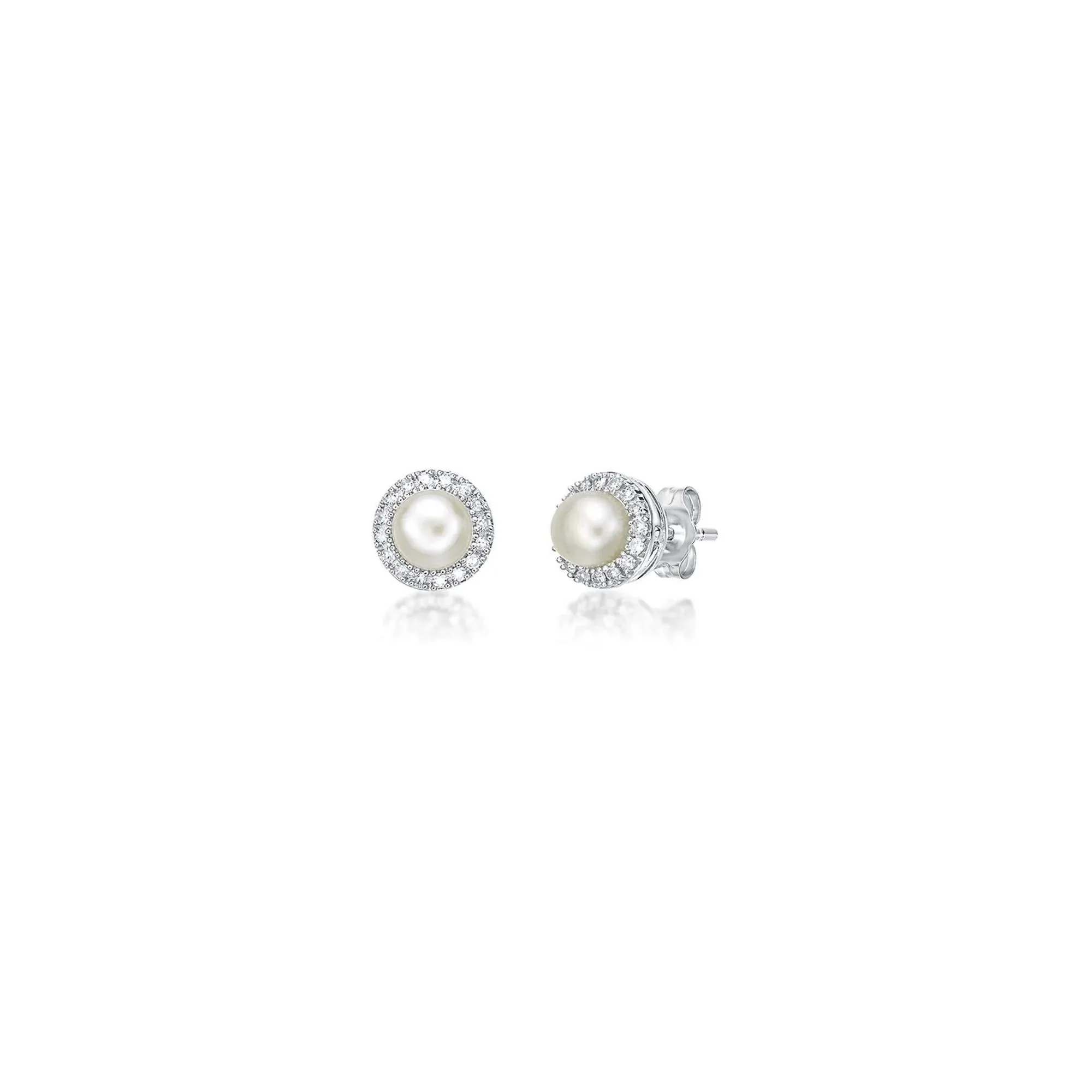 1/7 CT. Tw. Freshwater Cultured Pearl & Diamond Earrings .925 Sterling Silver White Size 7.00mm