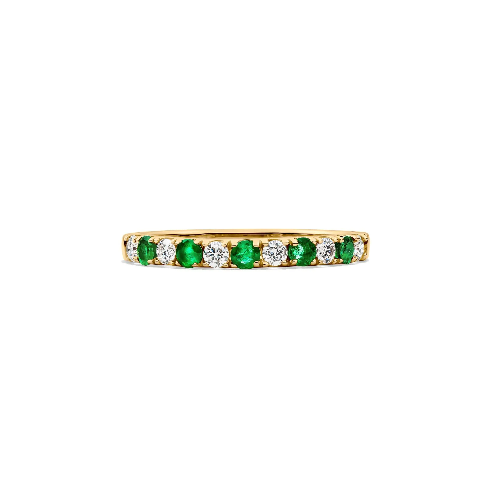 1/4 CT. Tw. Emerald & Diamond Band Ring 10K Yellow Gold Round Brilliant Cut Size 7