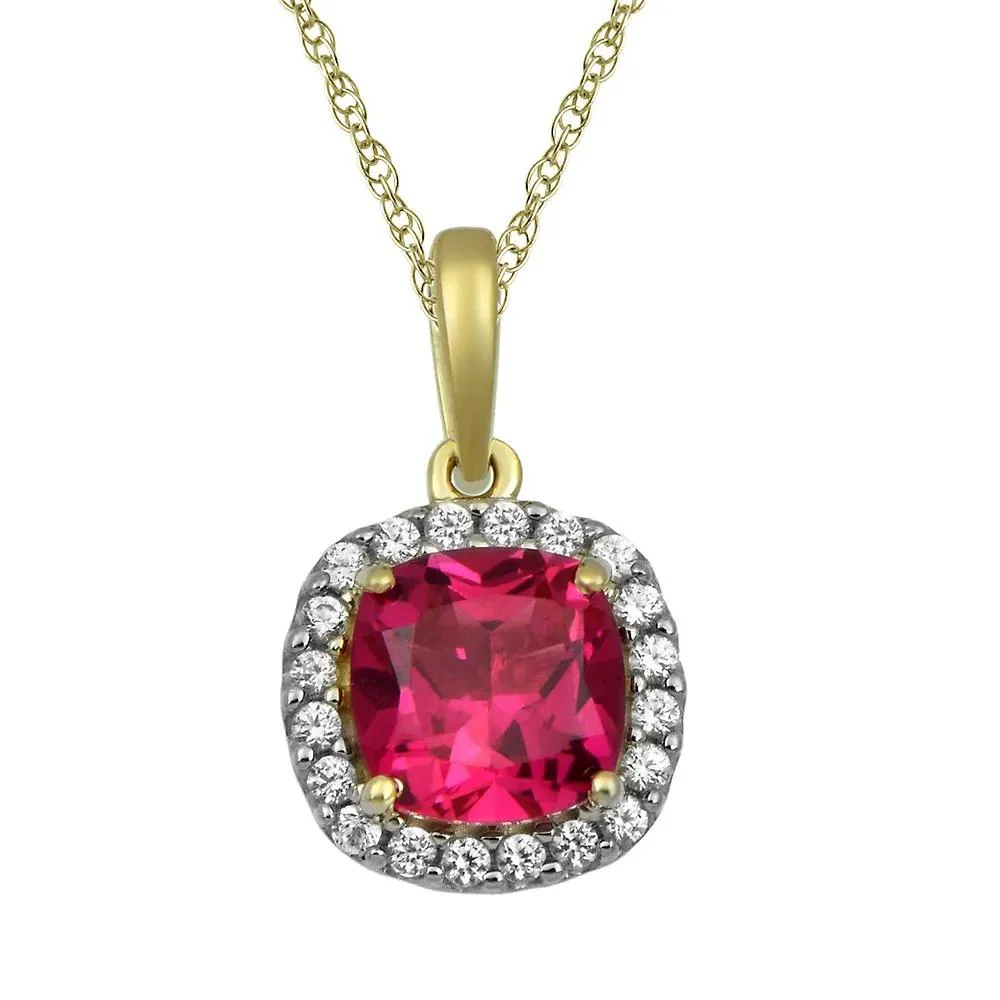 Lab Created Ruby & White Sapphire Pendant Necklace 10K Yellow Gold Size 18"