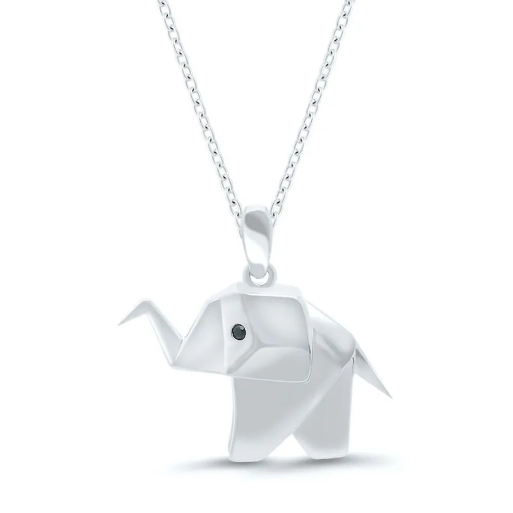 Black Diamond Origami Elephant Pendant Necklace .925 Sterling Silver White Size 18"
