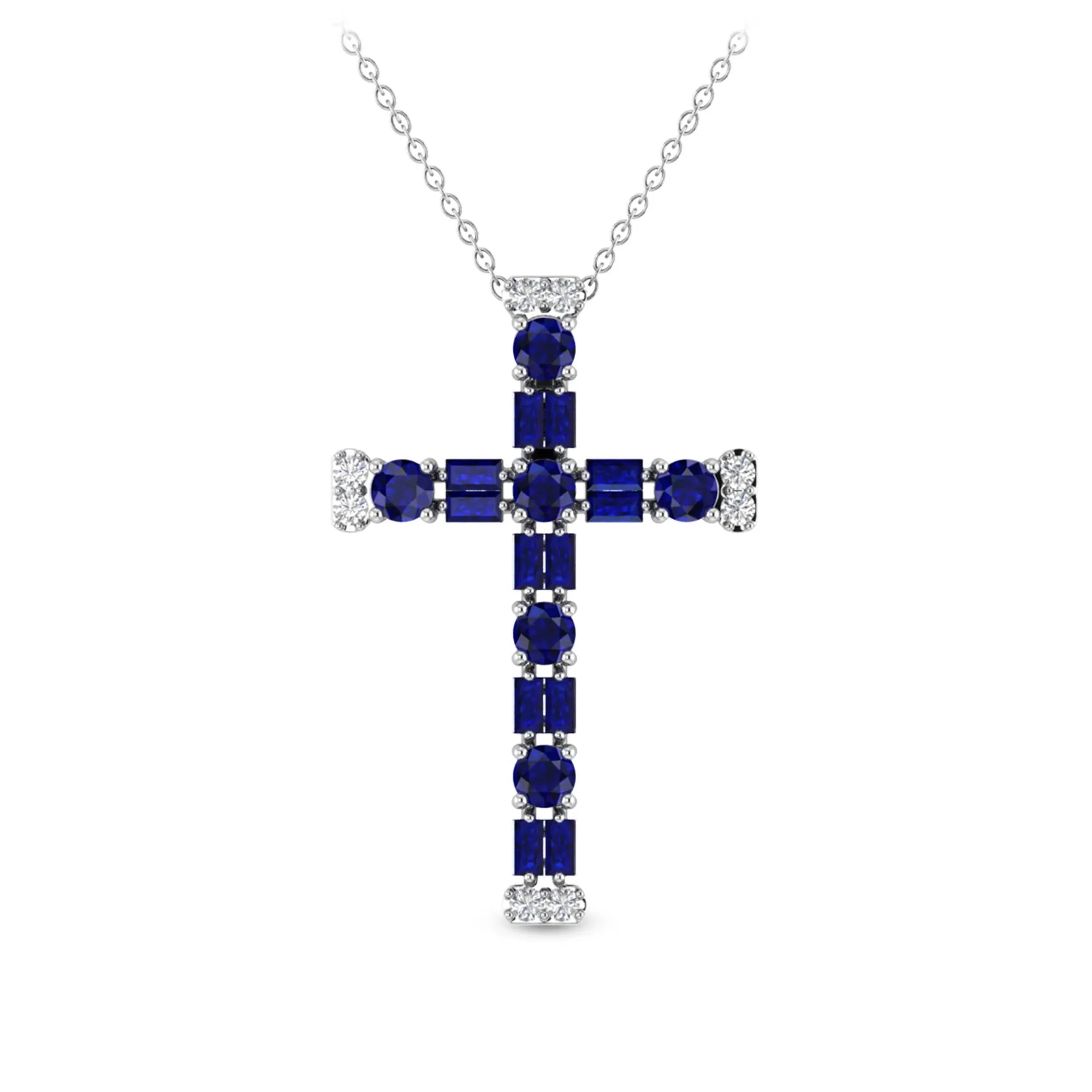 Blue Sapphire & Diamond Accent Cross Pendant Necklace 10K White Gold Size 18"