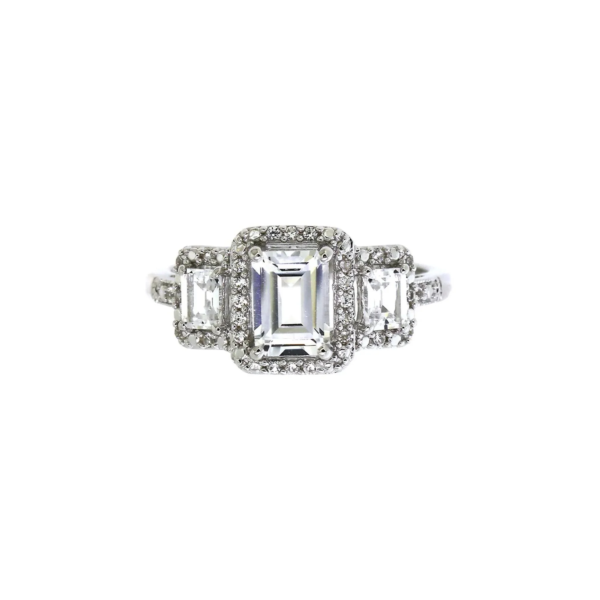 Lab Created White Sapphire Three-Stone Ring .925 Sterling Silver Size 8