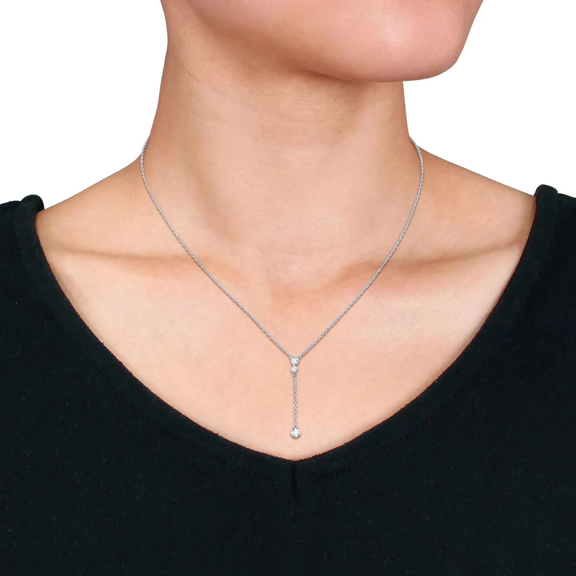 Lab-Created Moissanite Y Drop Necklace .925 Sterling Silver White Size 17" - Image 5