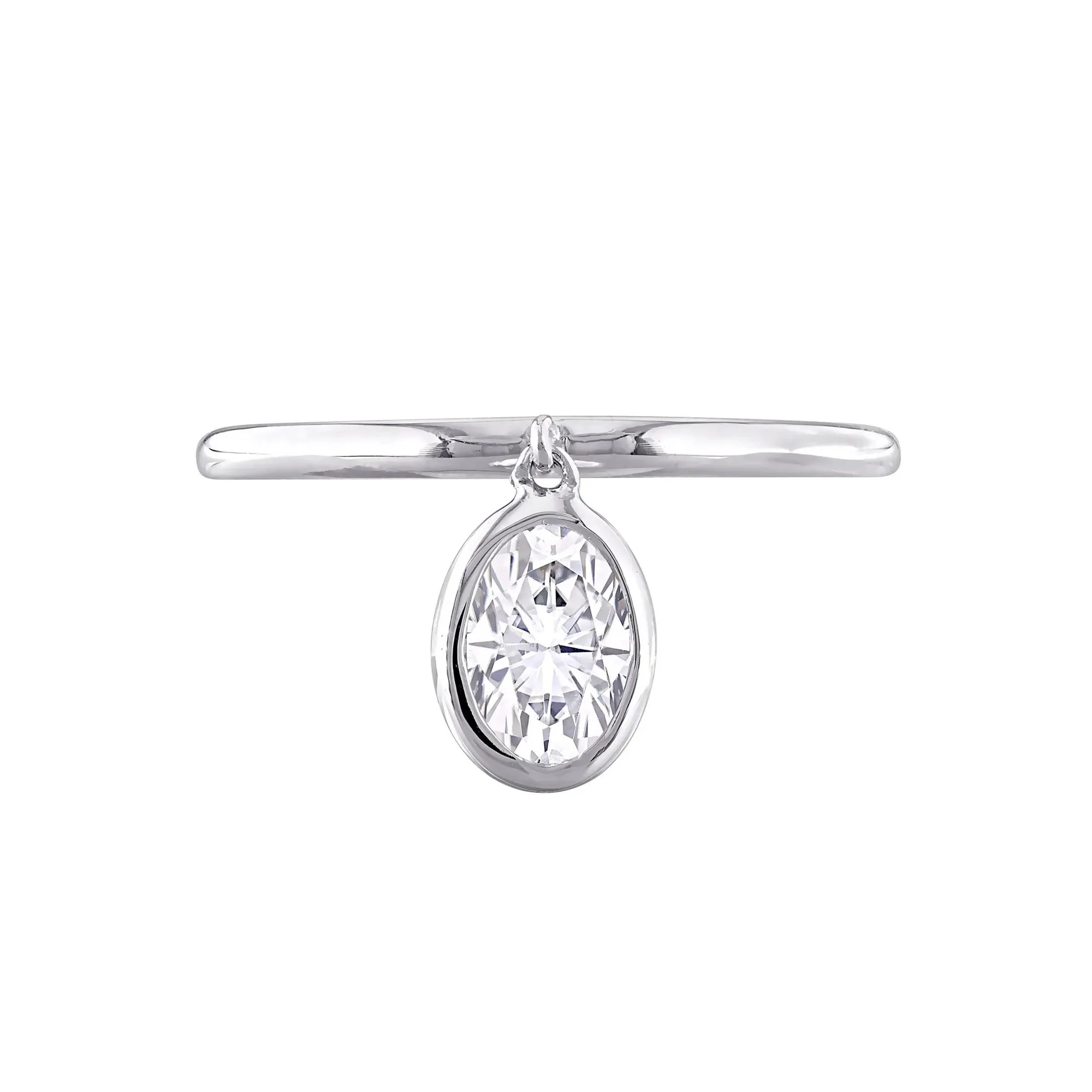 Lab-Created Moissanite Oval Bezel Dangle Ring .925 Sterling Silver White Size 6 3mm