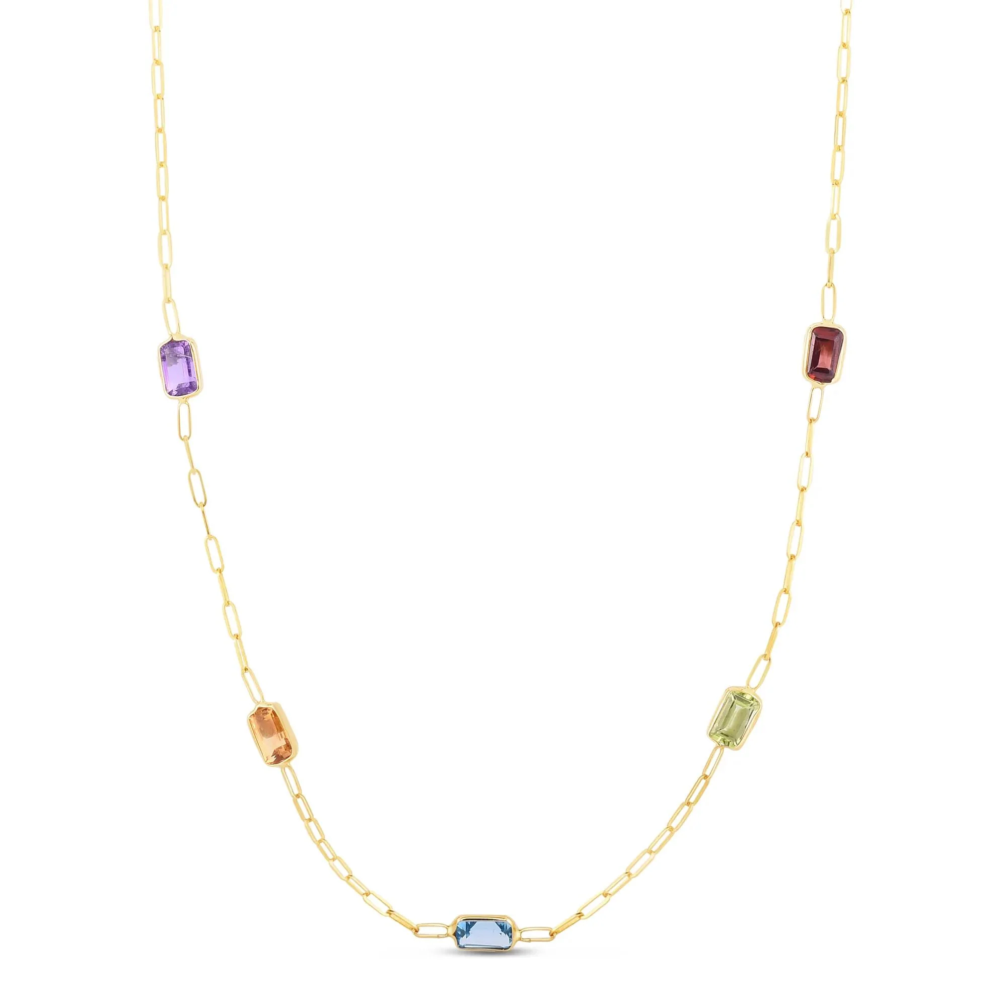 Emerald-Cut Multi-Gemstone Necklace 14K Yellow Gold Size 17"
