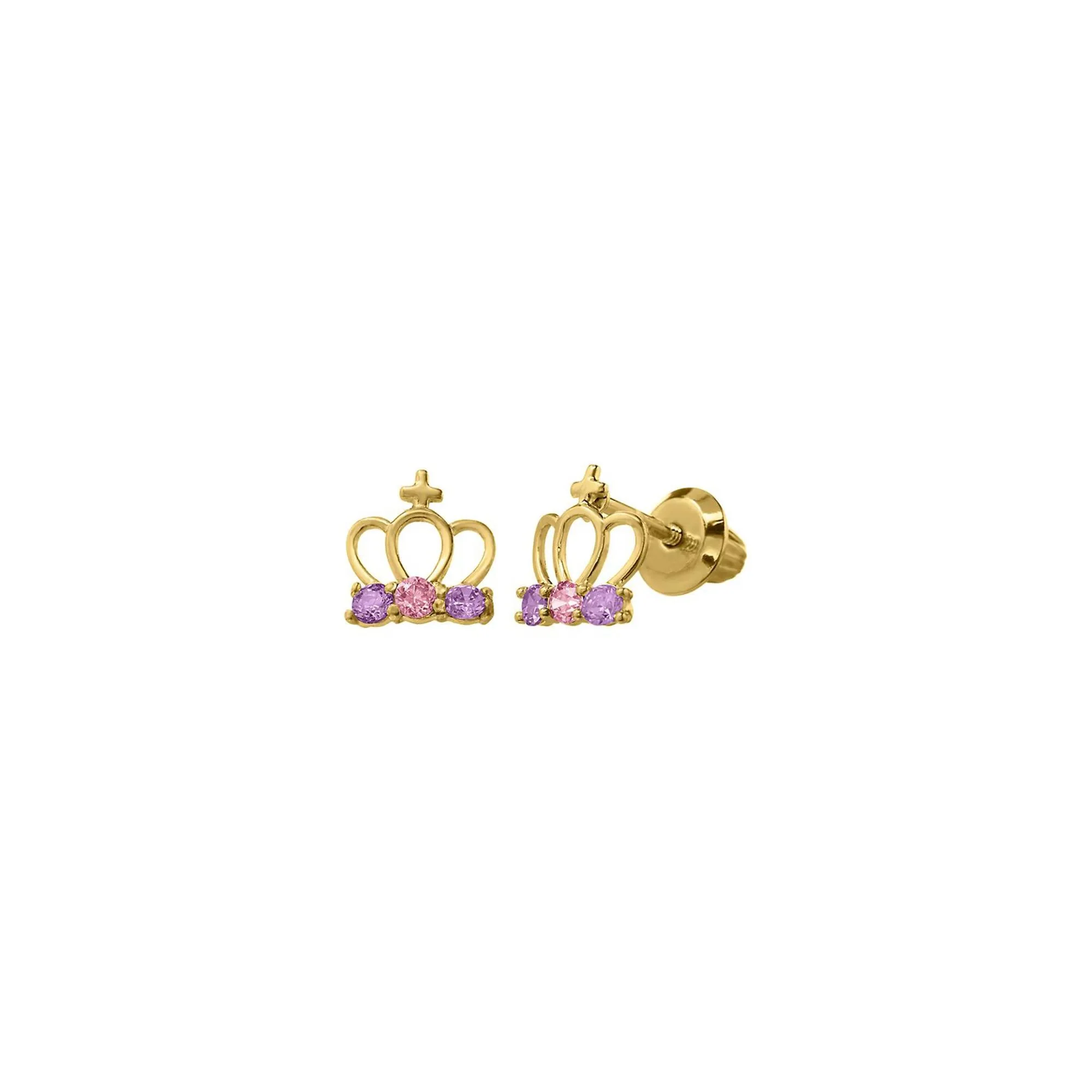 Children's Princess Tiara Earrings with Pink & Purple Cubic Zirconia 14K Yellow Gold Size 6.00mm