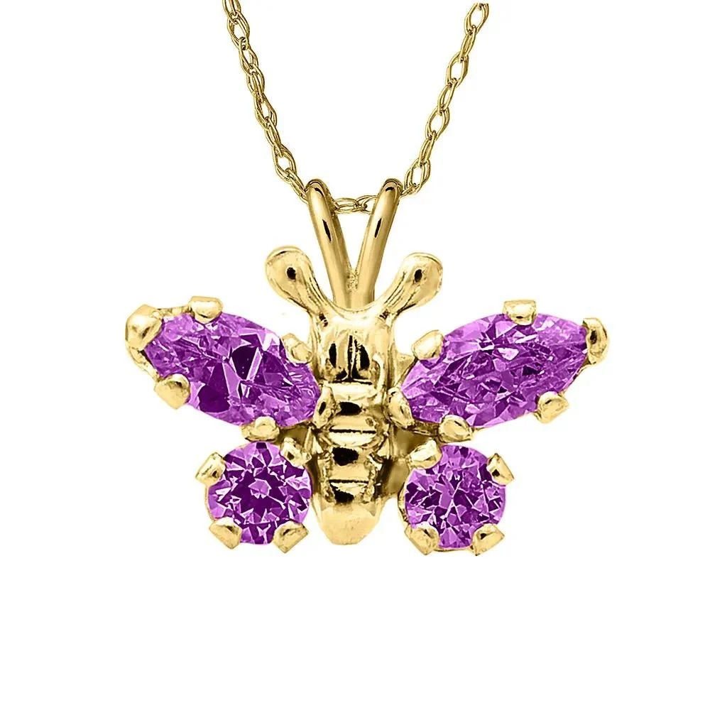 Children's Purple Cubic Zirconia Butterfly Pendant Necklace 14K Yellow Gold Size 15"