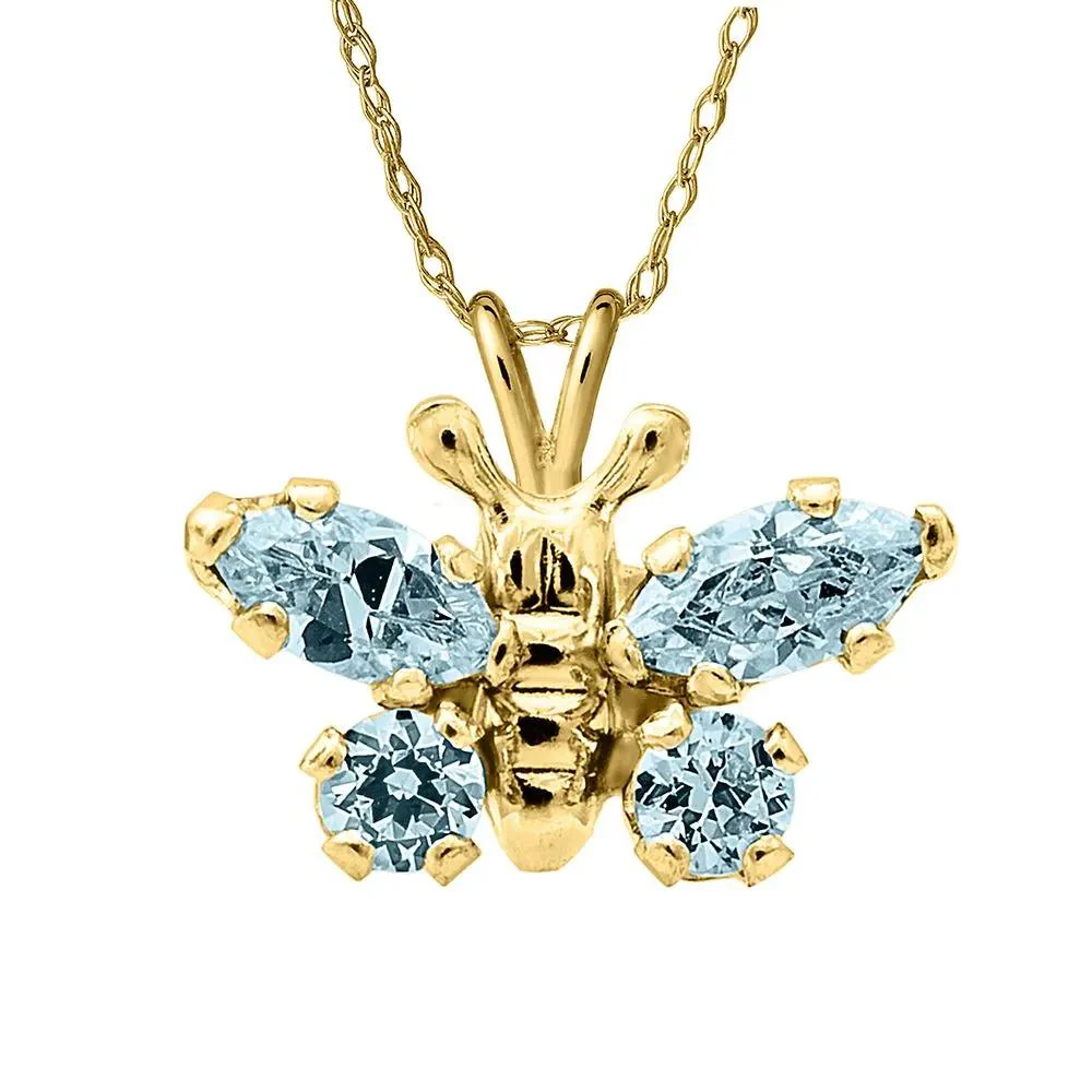 Children's Cubic Zirconia Pendant Necklace with Blue Butterfly 14K Yellow Gold Size 15"