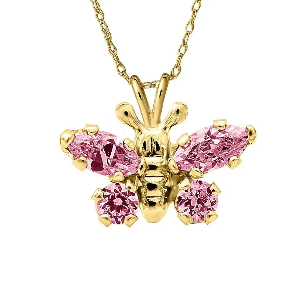 Children's Pink Cubic Zirconia Butterfly Pendant Necklace 14K Yellow Gold Size 15"
