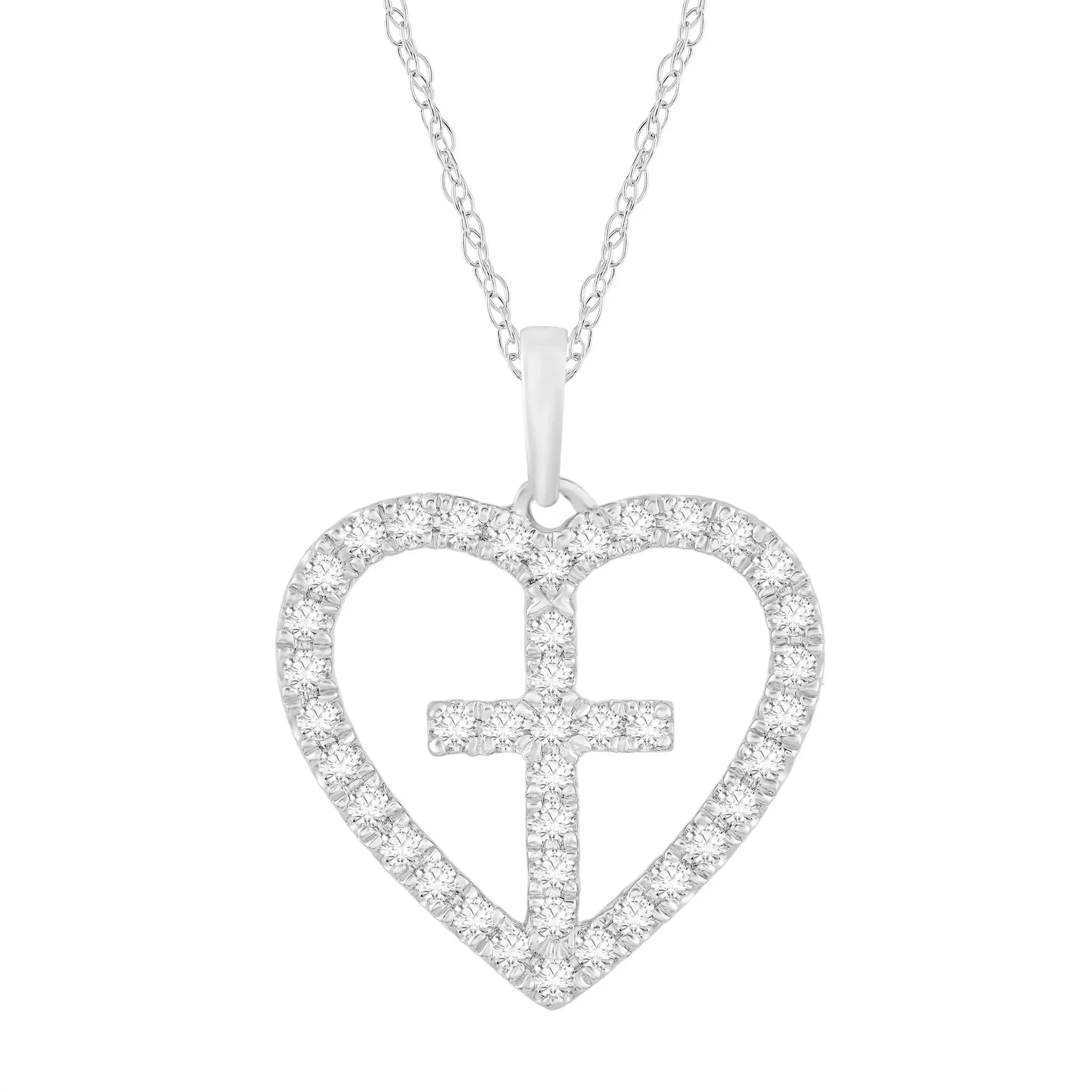 1/3 CT. Tw. Diamond Heart Cross Pendant Necklace 14K White Gold Size 18"