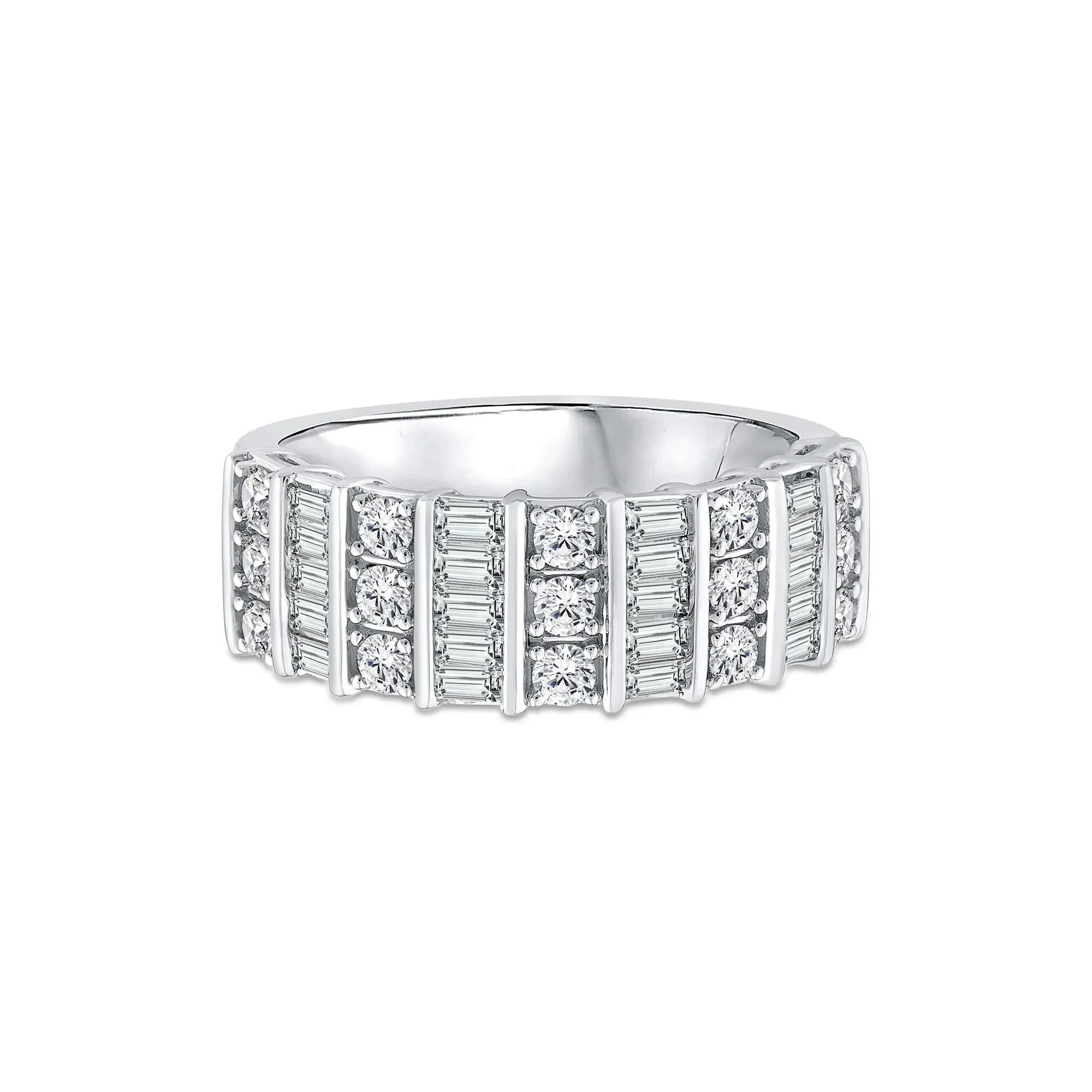 1 CT. Tw. Round and Baguette Diamond Band Ring 14K White Gold Round Brilliant Cut Size 6 1mm