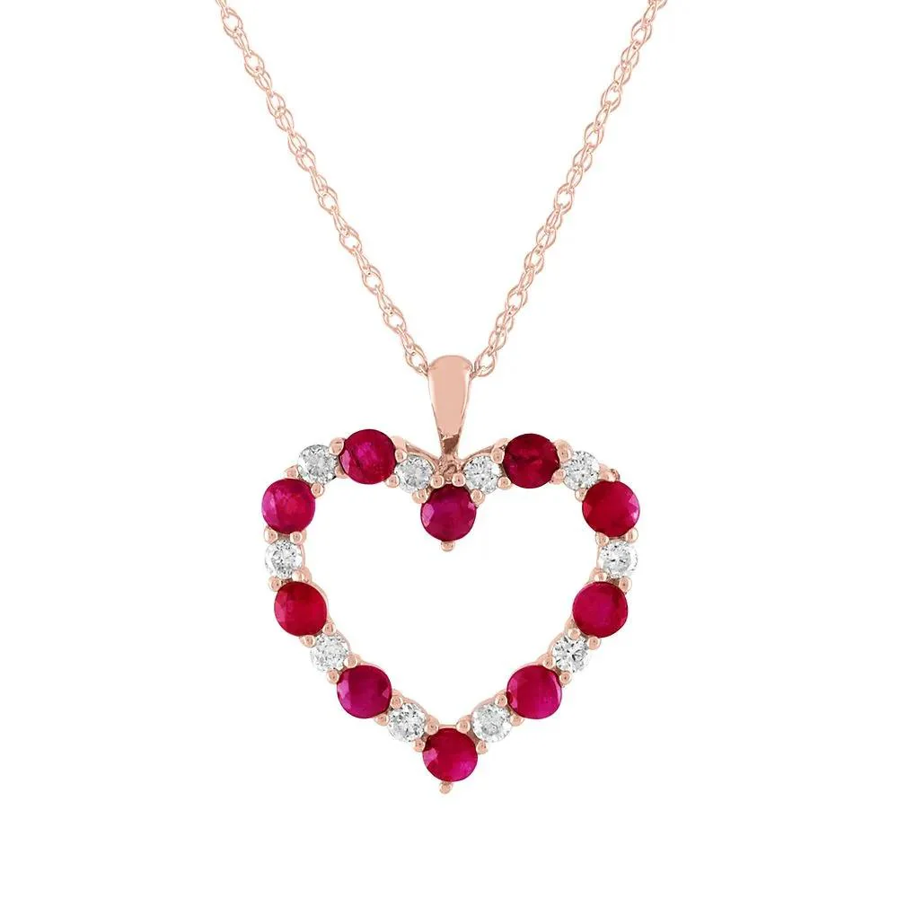 1/5 CT. Tw. Ruby & Diamond Heart Pendant Necklace 10K Rose Gold Size 18"
