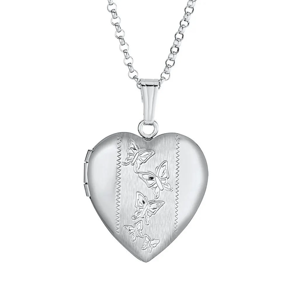 Engraved Butterfly Heart Locket Pendant Necklace .925 Sterling Silver White Size 18"