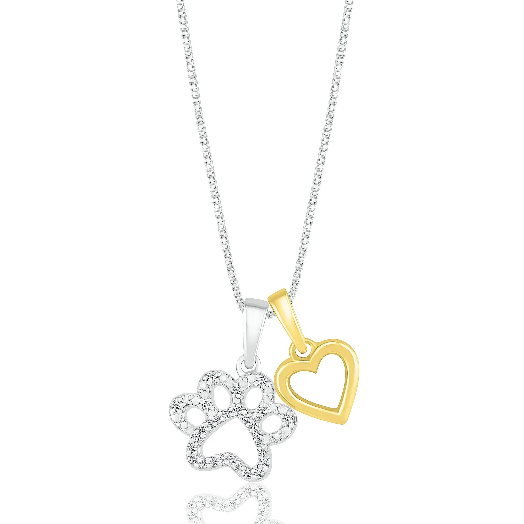 Diamond Accent Paw Print & Heart Pendant Necklace .925 Sterling Silver & 10K Yellow Gold White Size 18"
