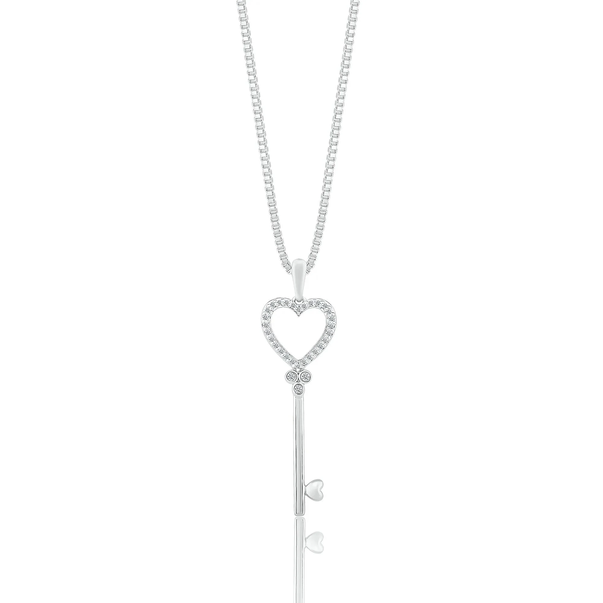 1/10 CT. Tw. Diamond Heart Key Pendant Necklace .925 Sterling Silver White Size 18"