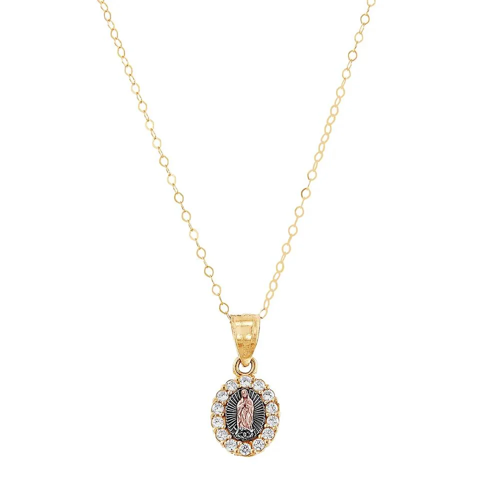 Children's Cubic Zirconia Lady of Guadalupe Pendant Necklace 14K Yellow & Rose Gold Size 15"