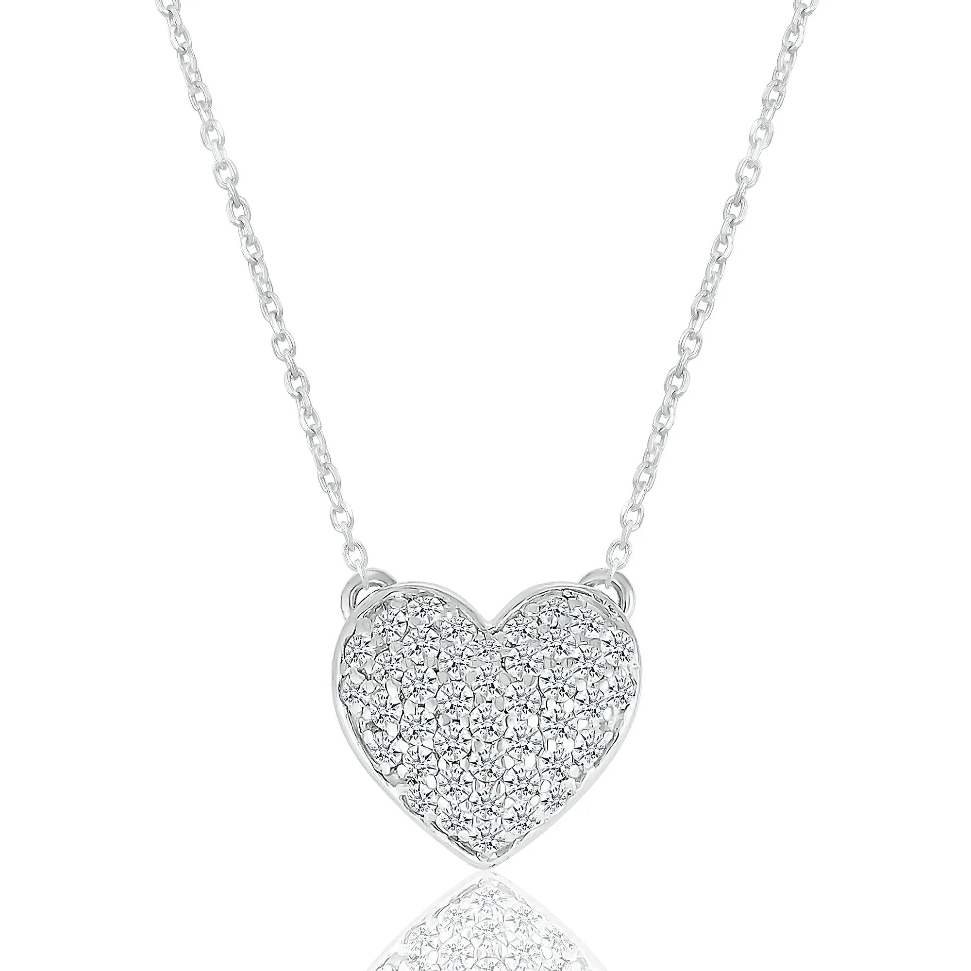 1/5 CT. Tw. Mini Pavé Puff Heart Pendant Necklace .925 Sterling Silver White Size 17.5"