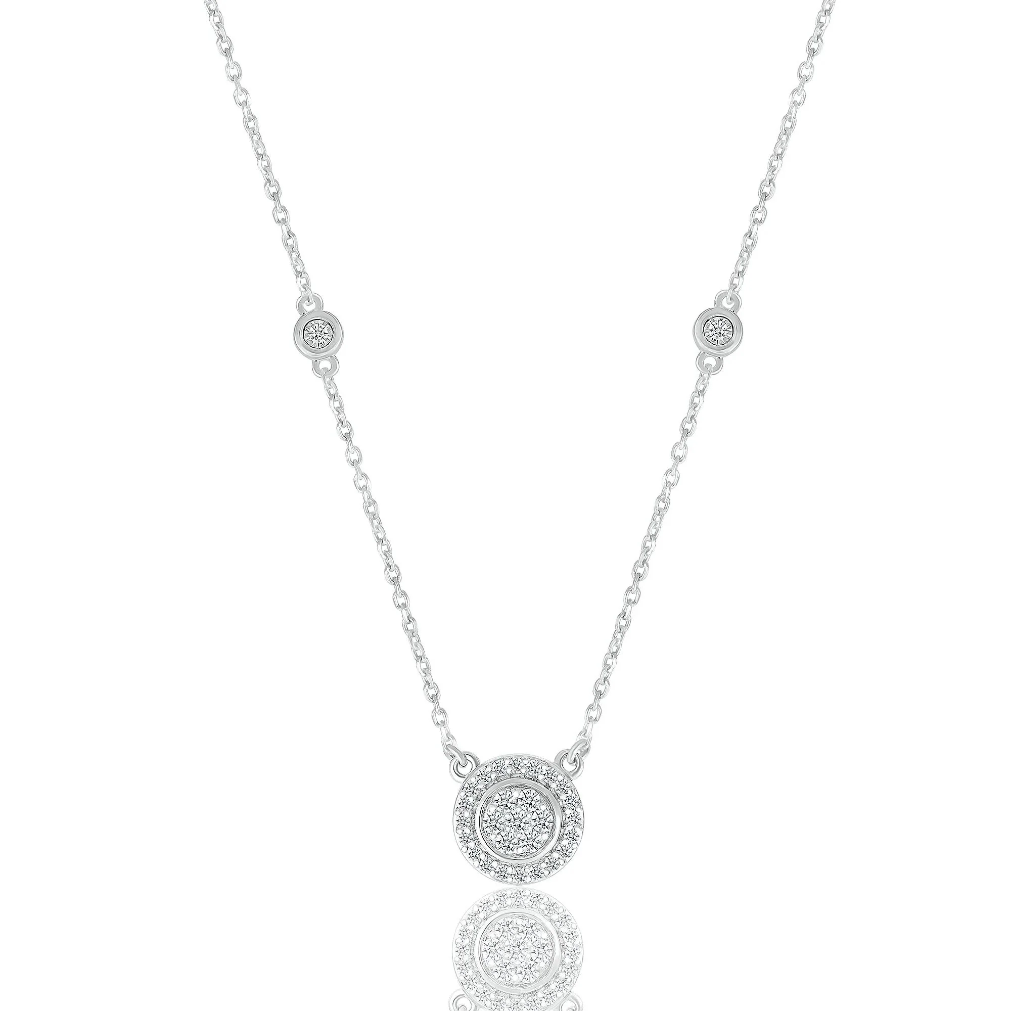 1/5 CT. Tw. Diamond Cluster Halo Stationary Pendant Necklace .925 Sterling Silver White Size 17.5"