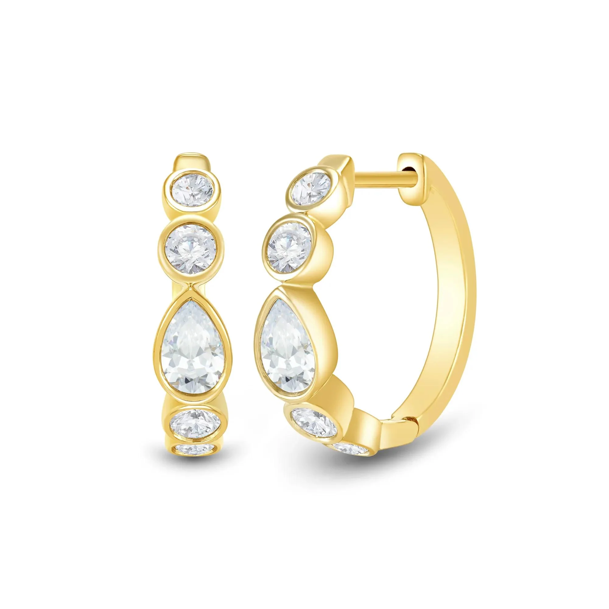 1 CT. Tw. Lab Grown Diamond Round & Pear-Shaped Bezel Hoops 14K Yellow Gold Earring Size 18.00mm