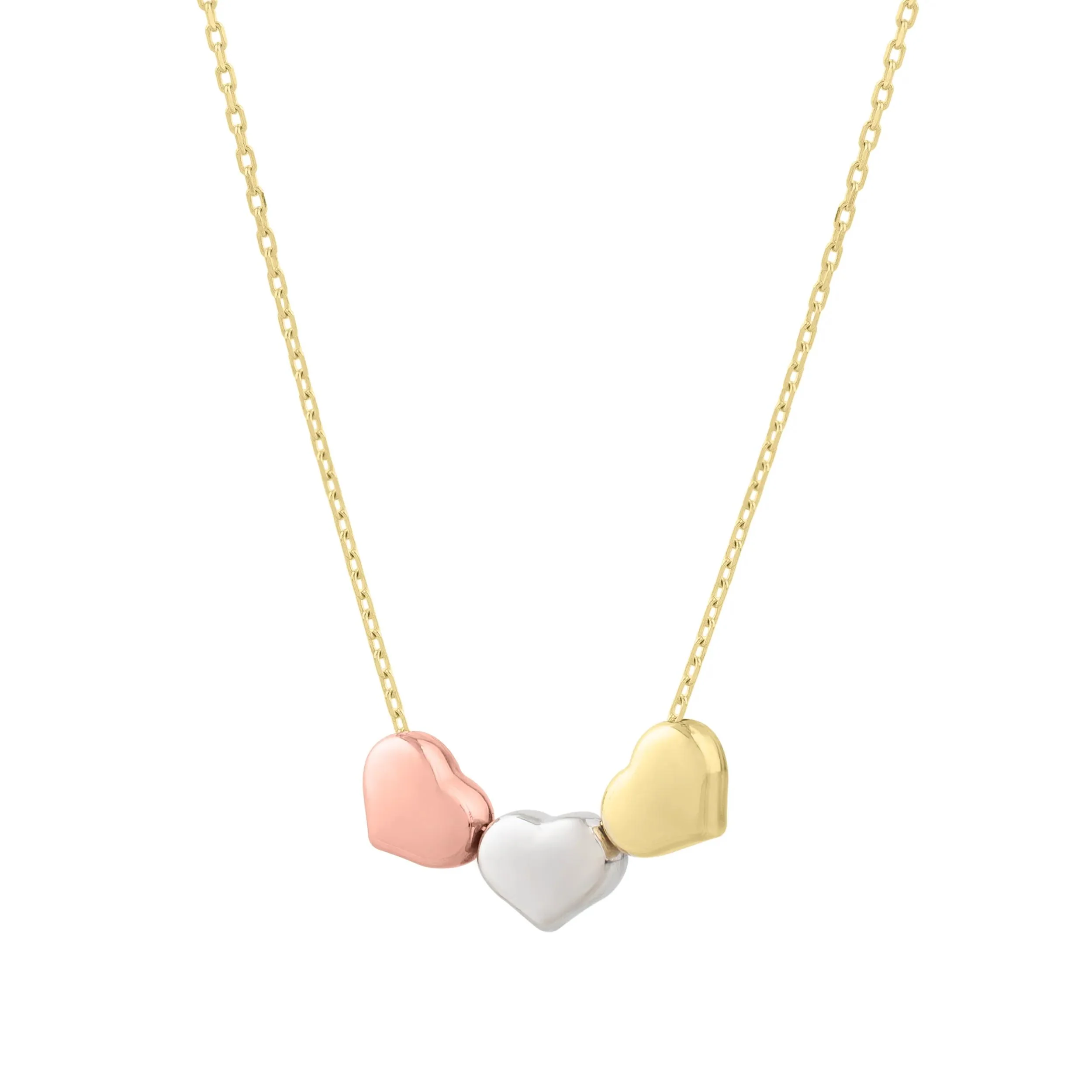 Tri-Color Heart Pendant Necklace 14K Yellow White and Rose Gold Size 18"