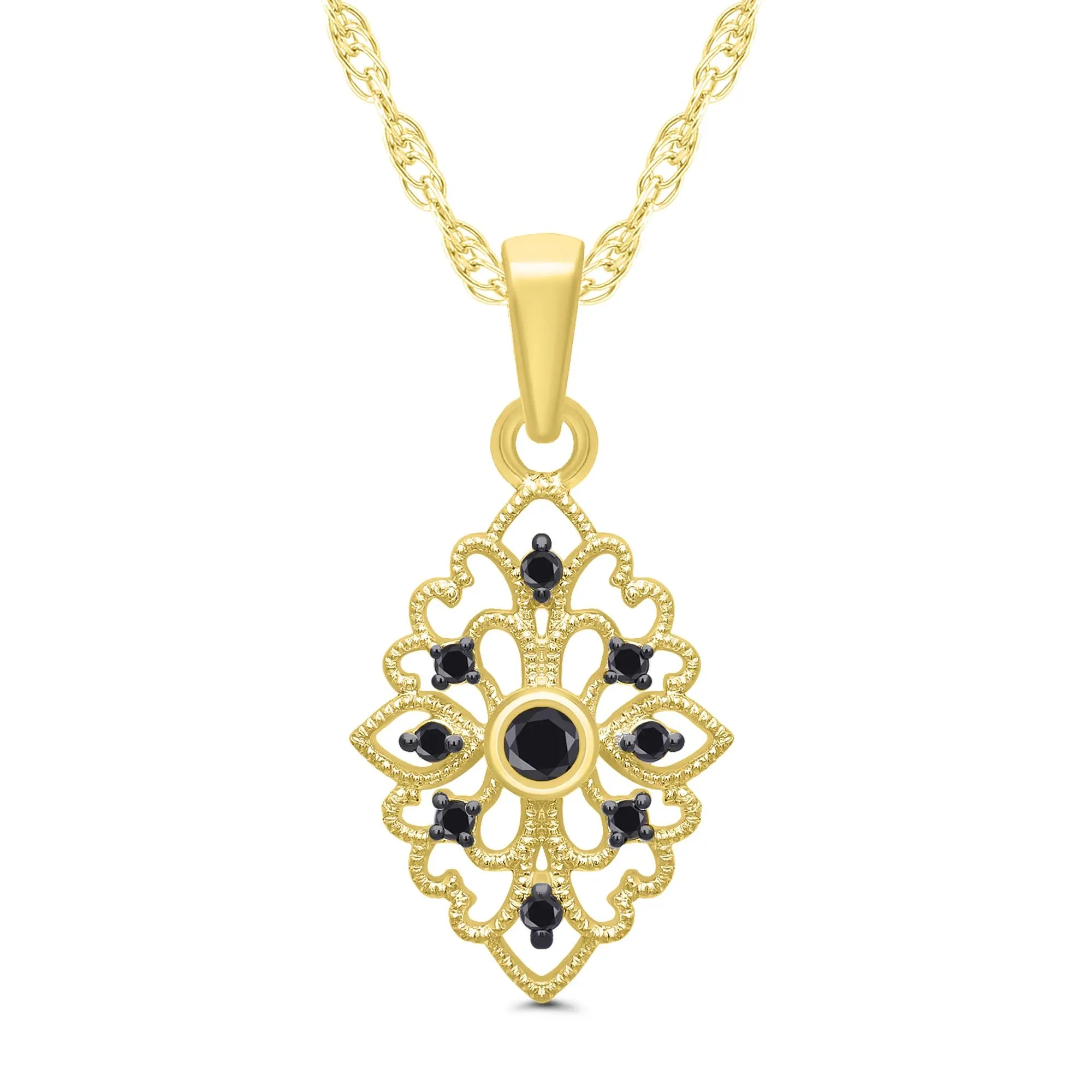 1/8 CT. Tw. Vintage-Style Milgrain Black Diamond Pendant Necklace 10K Yellow Gold Size 18"