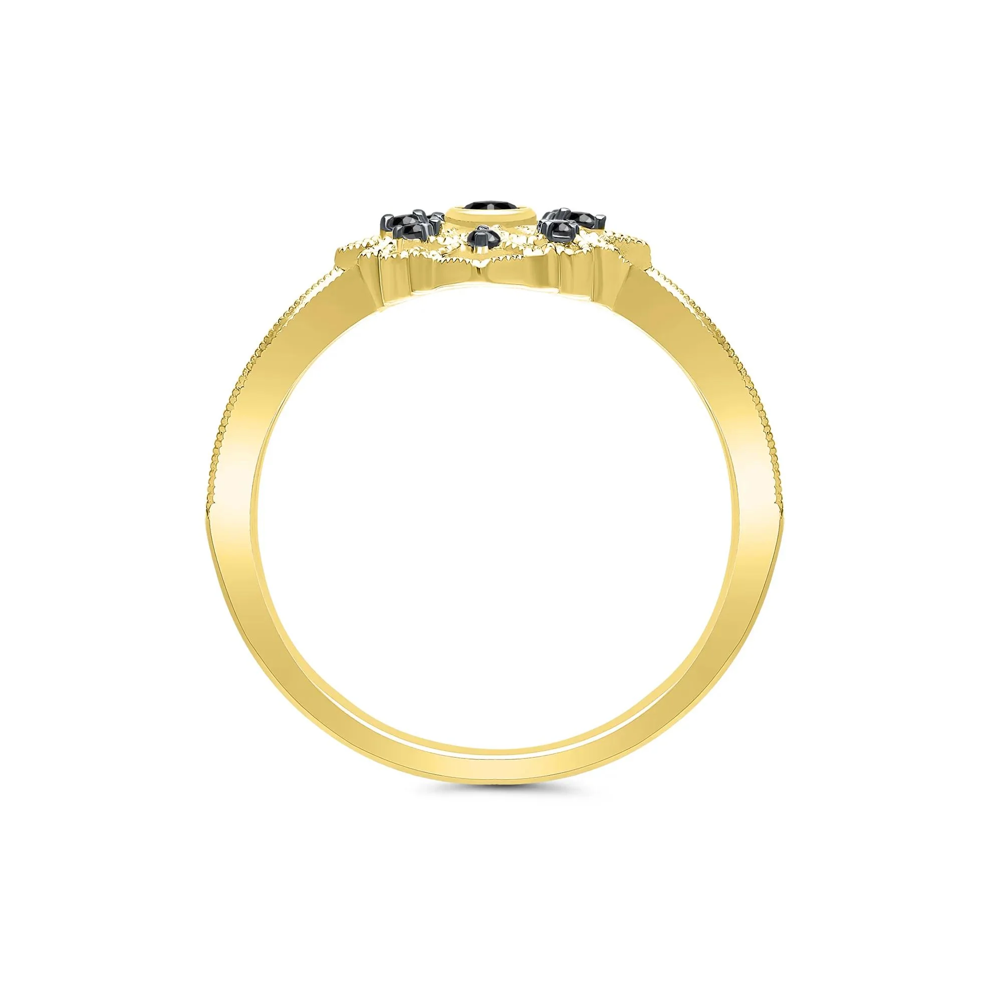 1/8 CT. Tw. Vintage-Style Milgrain Black Diamond Ring 10K Yellow Gold Round Brilliant Cut Size 6 - Image 2