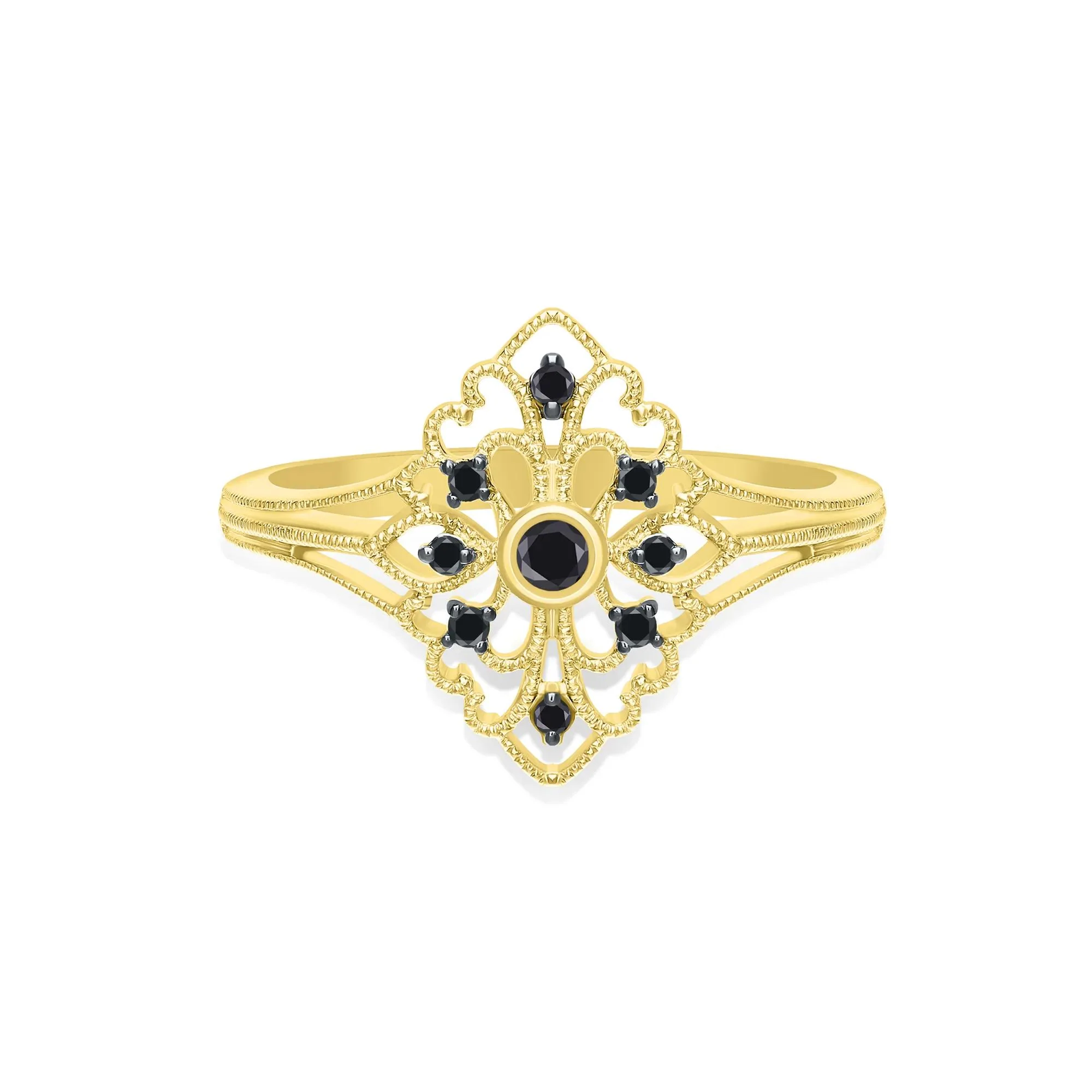 1/8 CT. Tw. Vintage-Style Milgrain Black Diamond Ring 10K Yellow Gold Round Brilliant Cut Size 7