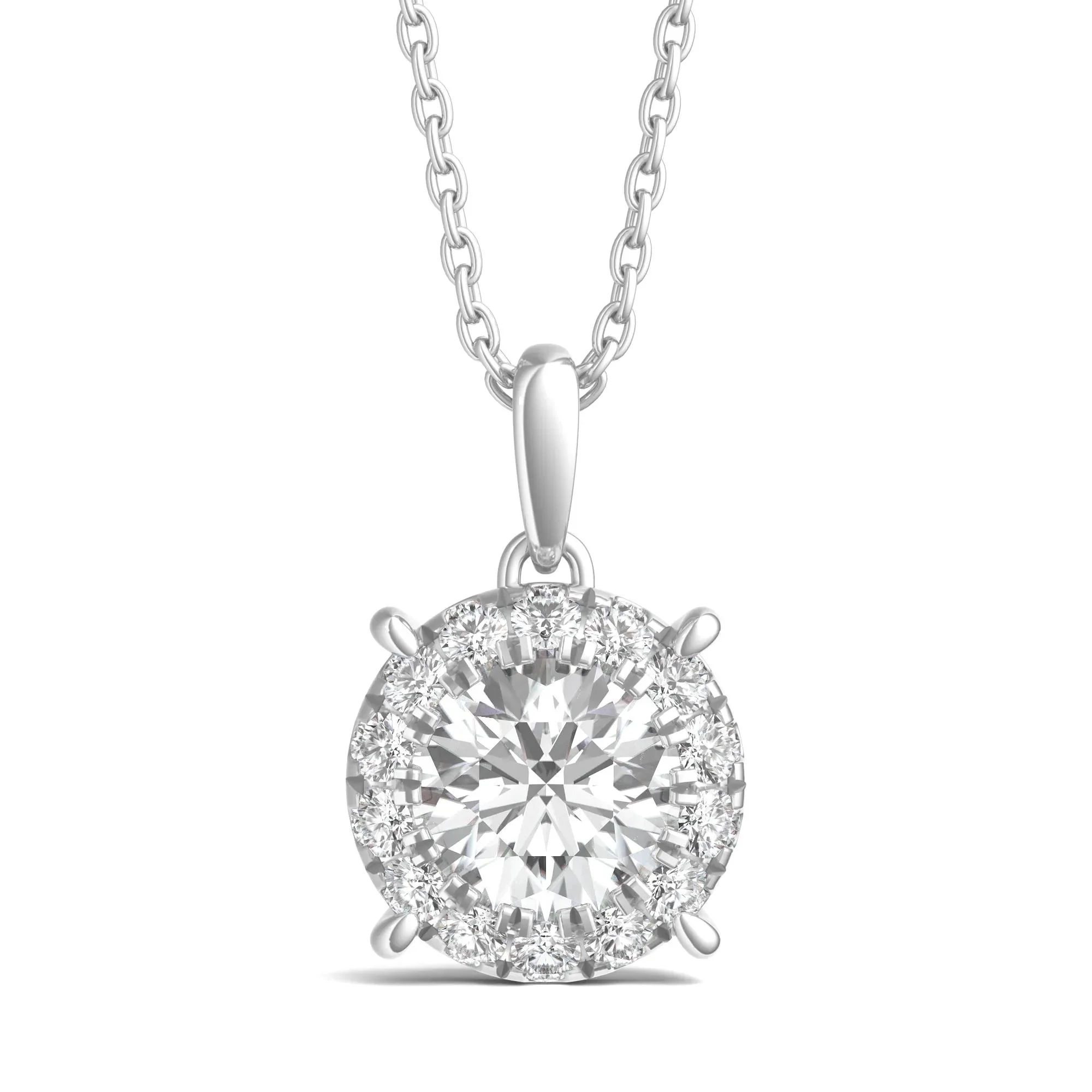 1 CT. Tw. Lab Grown Diamond Round Halo Pendant Necklace 14K White Gold Size 18"