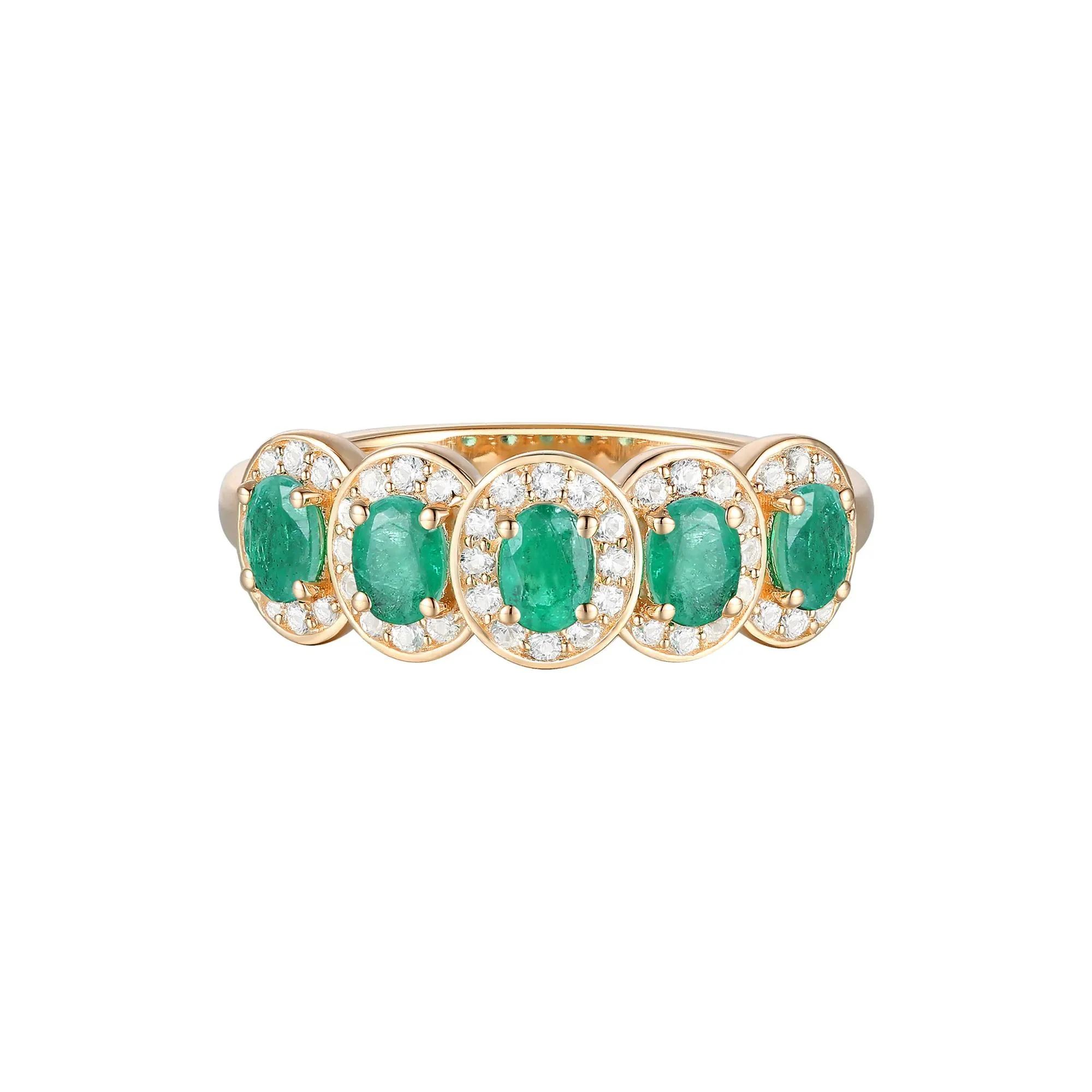 1/4 CT. Tw. Emerald and Diamond Oval Band Ring 14K Yellow Gold Round Brilliant Cut Size 8 1mm