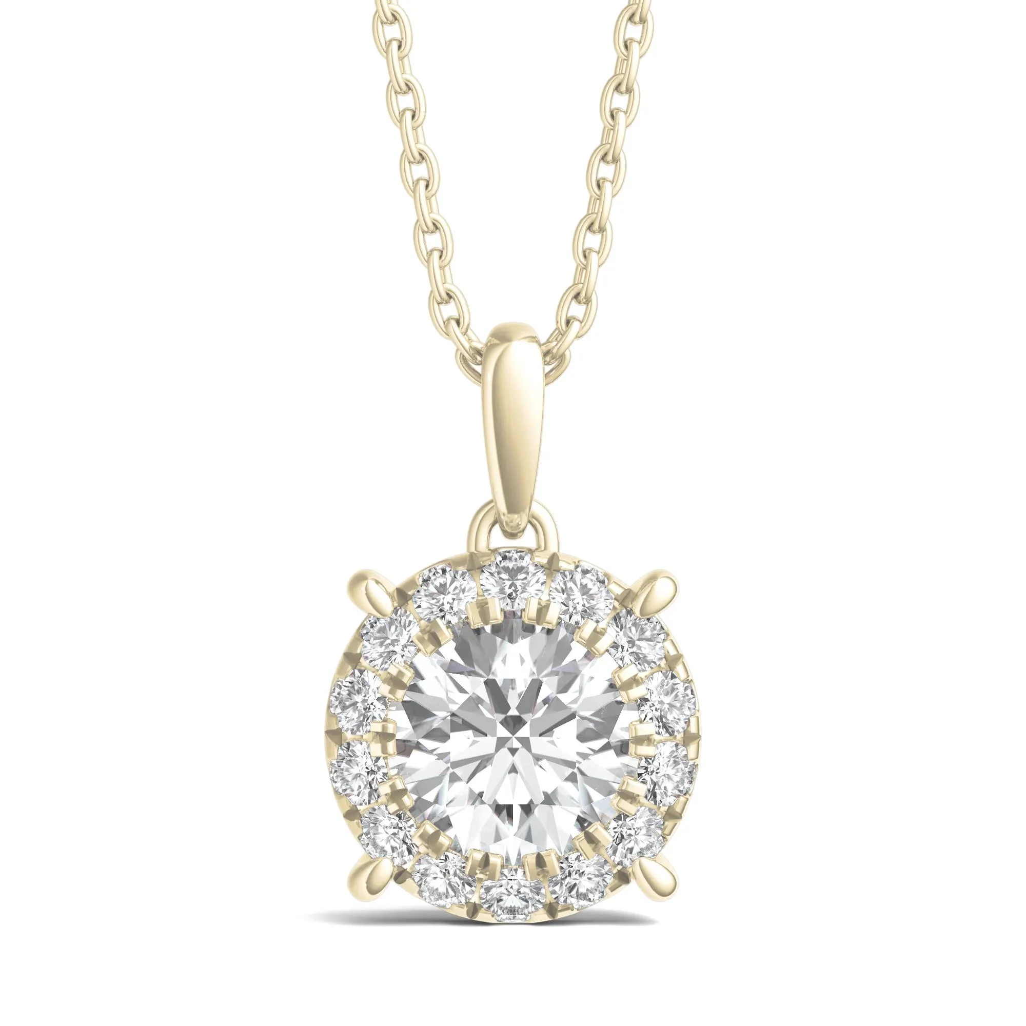 1 CT. Tw. Lab Grown Diamond Round Halo Pendant Necklace 14K Yellow Gold Size 18"