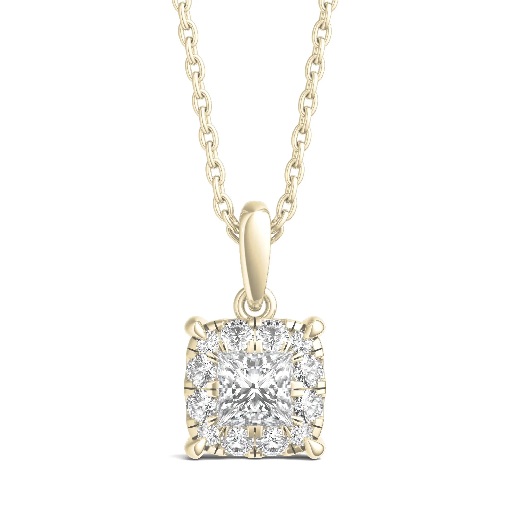 1/2 CT. Tw. Lab Grown Diamond Princess-Cut Halo Pendant Necklace 14K Yellow Gold Size 18"