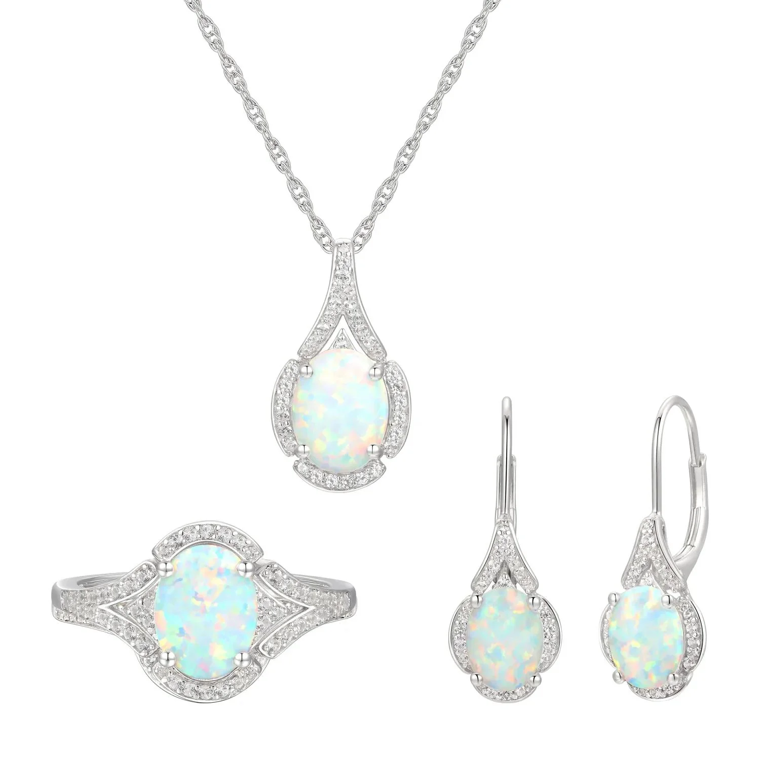 Oval Opal & Lab Created White Sapphire Earring Pendant Necklace & Ring Set .925 Sterling Silver Size 7